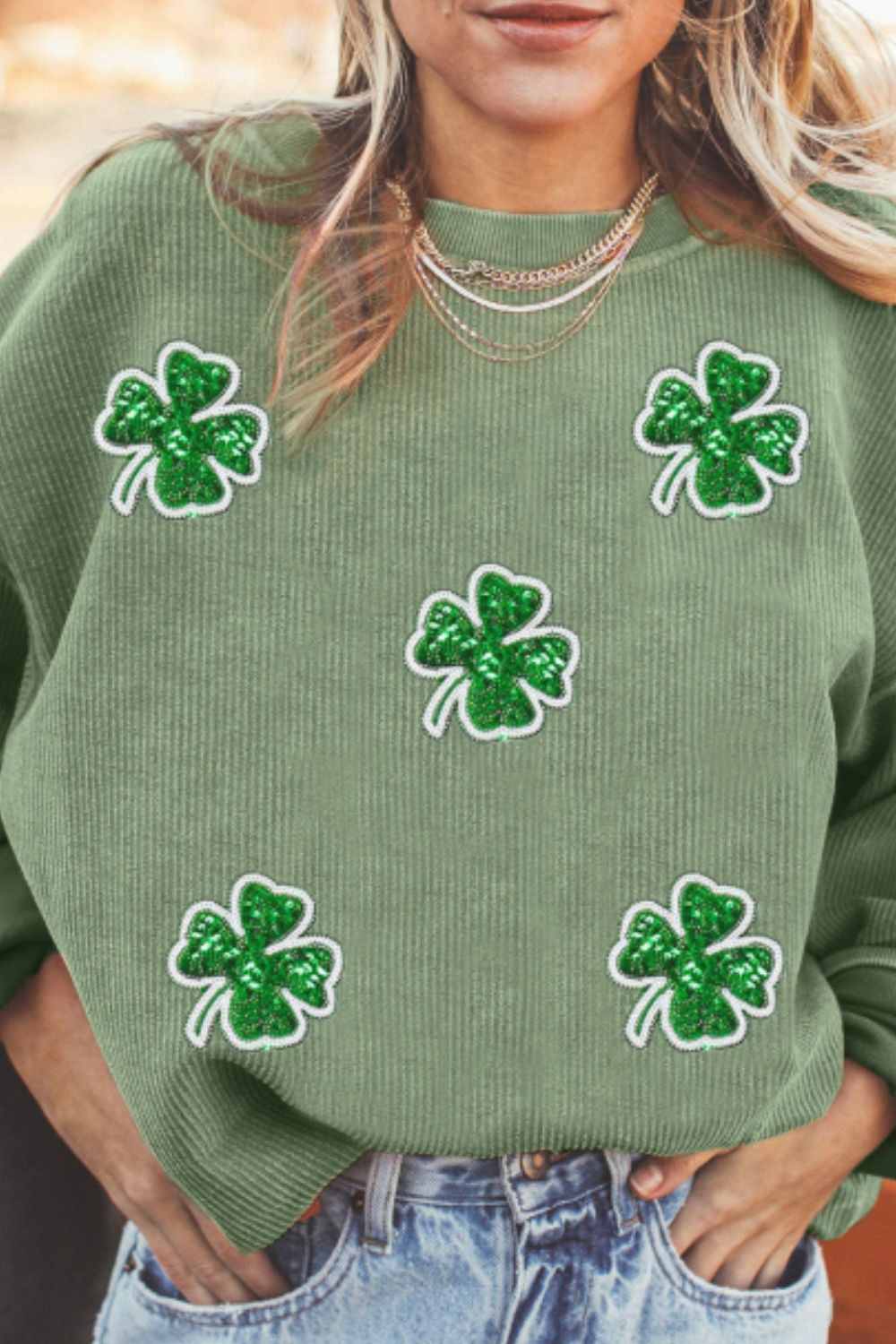 Sequin Lucky Clover Round Neck Long Sleeve Sweatshirt-TOPS / DRESSES-[Adult]-[Female]-Matcha Green-S-2022 Online Blue Zone Planet