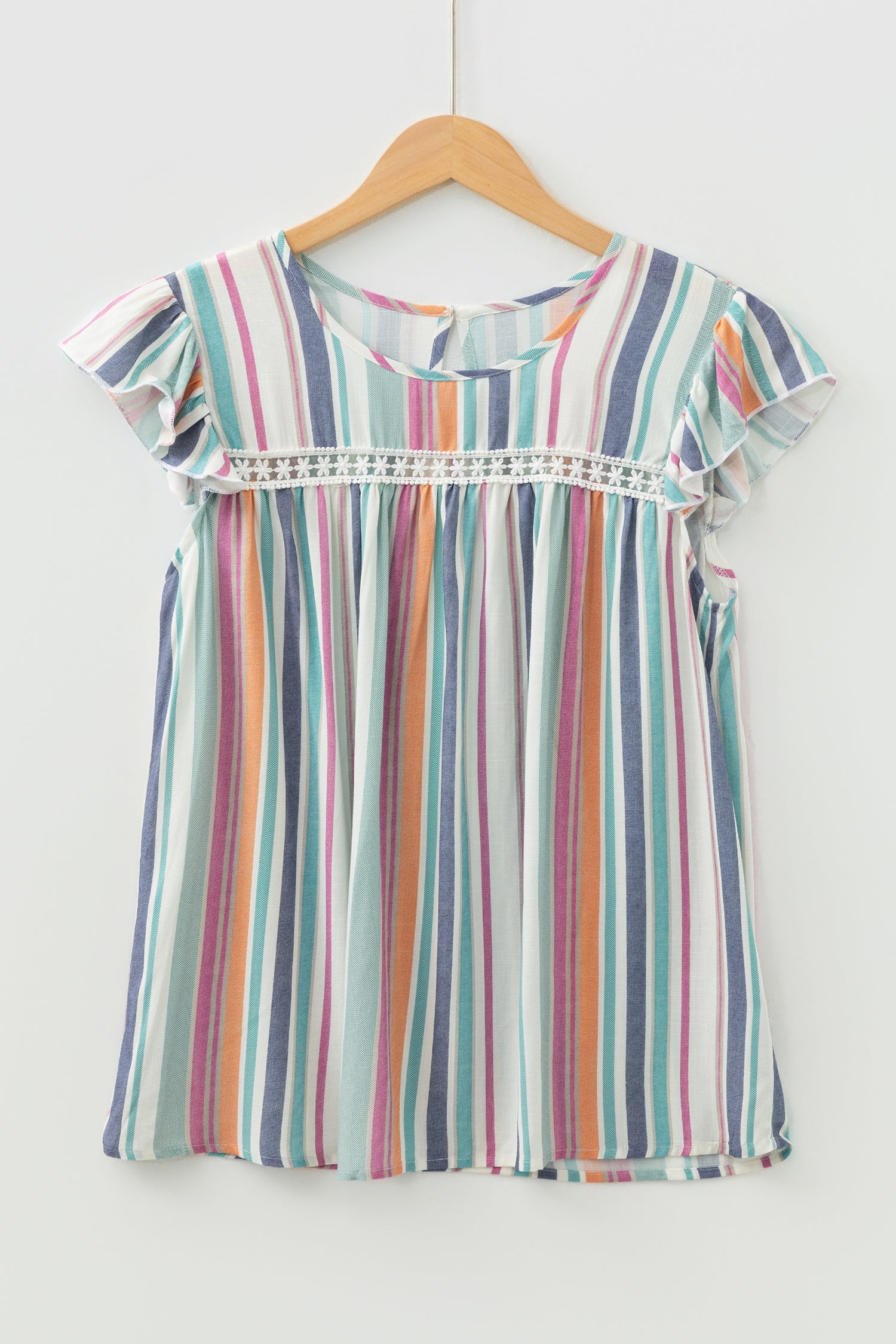 Light Blue Lace Hollow-out Insert Flutter Sleeve Striped Blouse-Tops/Blouses & Shirts-[Adult]-[Female]-2022 Online Blue Zone Planet