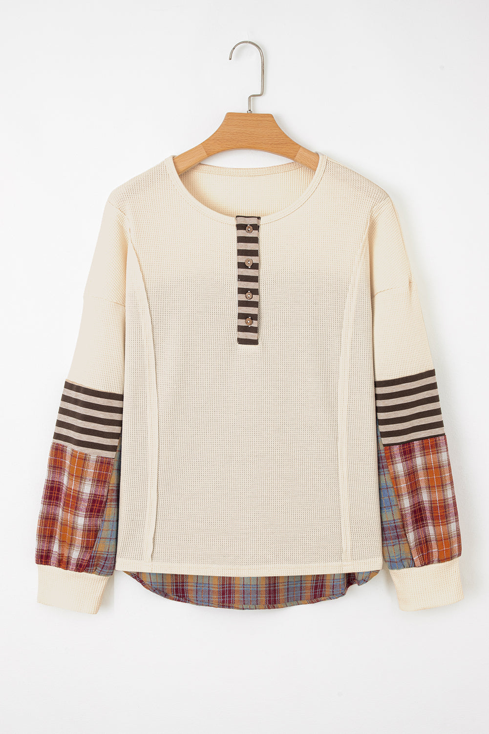 Beige Waffle Stripe Plaid Patchwork Henley Knit Top-Tops/Long Sleeve Tops-[Adult]-[Female]-2022 Online Blue Zone Planet