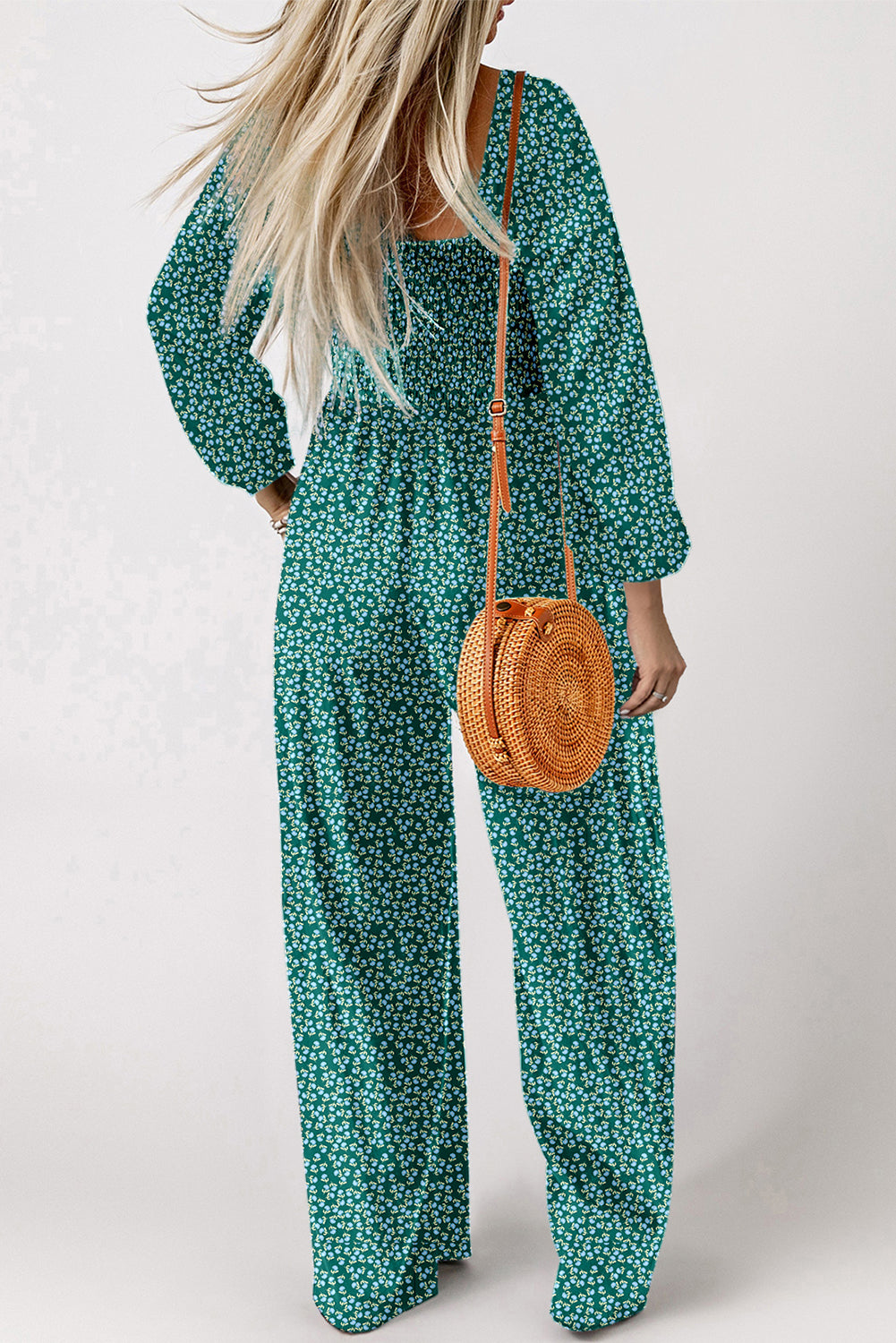 Green Floral Print Western Smocked Bodice Square Neck Wide Leg Jumpsuit-Bottoms/Jumpsuits & Rompers-[Adult]-[Female]-2022 Online Blue Zone Planet