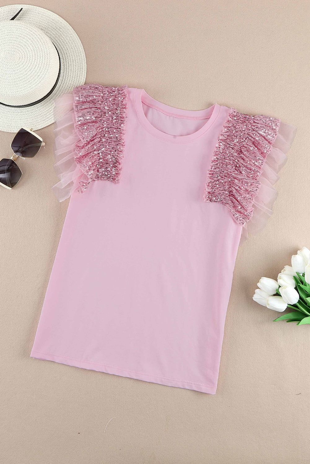 Pink Sequined Ruffle Mesh Sleeves Top-Sale (50% OFF)/30% OFF-[Adult]-[Female]-2022 Online Blue Zone Planet
