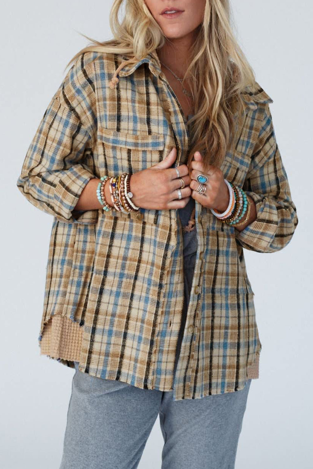 Ashleigh Blue Waffle Knit Patchwork Hooded Plaid Shacket-Outerwear/Plaid Shackets-[Adult]-[Female]-Ashleigh Blue-S-2022 Online Blue Zone Planet