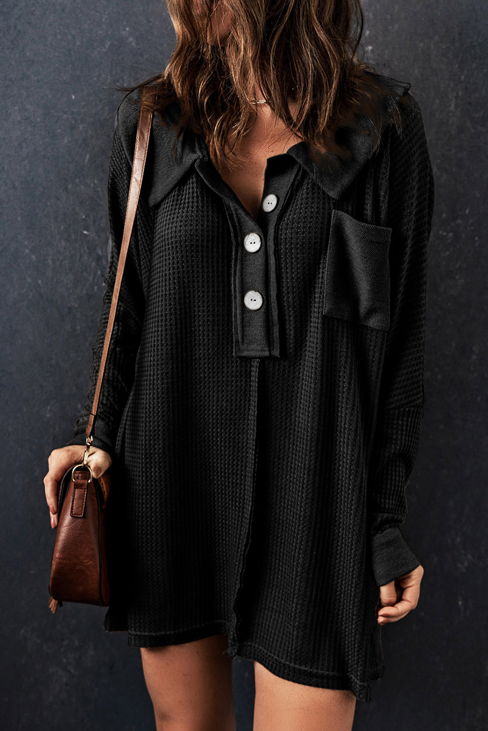 Black Waffle Knit Buttoned Long Sleeve Top-Tops/Long Sleeve Tops-[Adult]-[Female]-Black-S-2022 Online Blue Zone Planet