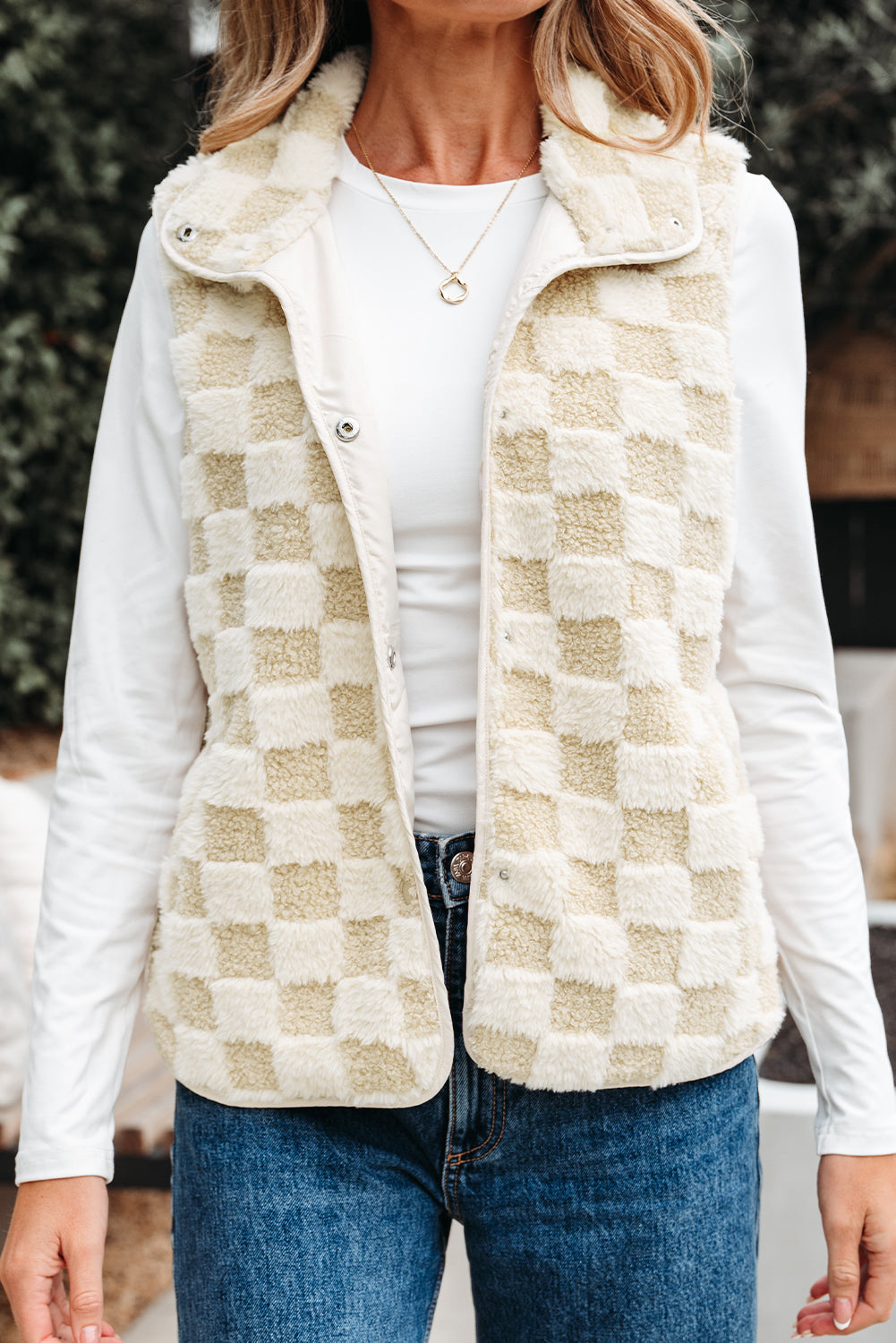 Khaki Sherpa Checkerboard Snap Button Vest Jacket With Pocket-Outerwear/Vests-[Adult]-[Female]-2022 Online Blue Zone Planet