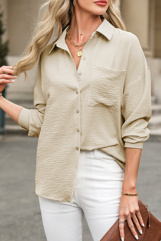 Beige Pure Color Patch Pocket Shirt-Tops/Blouses & Shirts-[Adult]-[Female]-Beige-S-2022 Online Blue Zone Planet