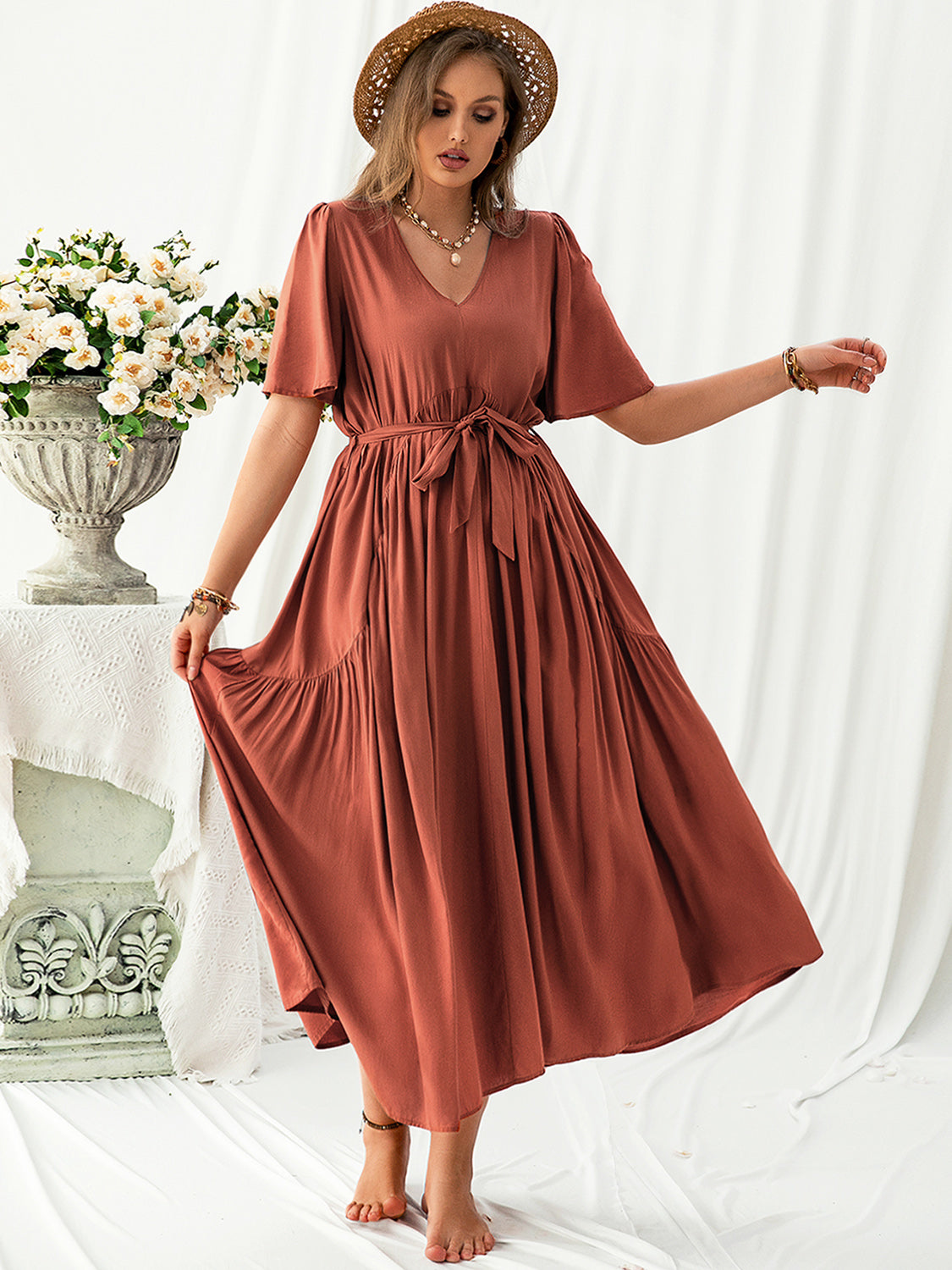 Plus Size V-Neck Flutter Sleeve Midi Dress-TOPS / DRESSES-[Adult]-[Female]-Rust-0XL-2022 Online Blue Zone Planet