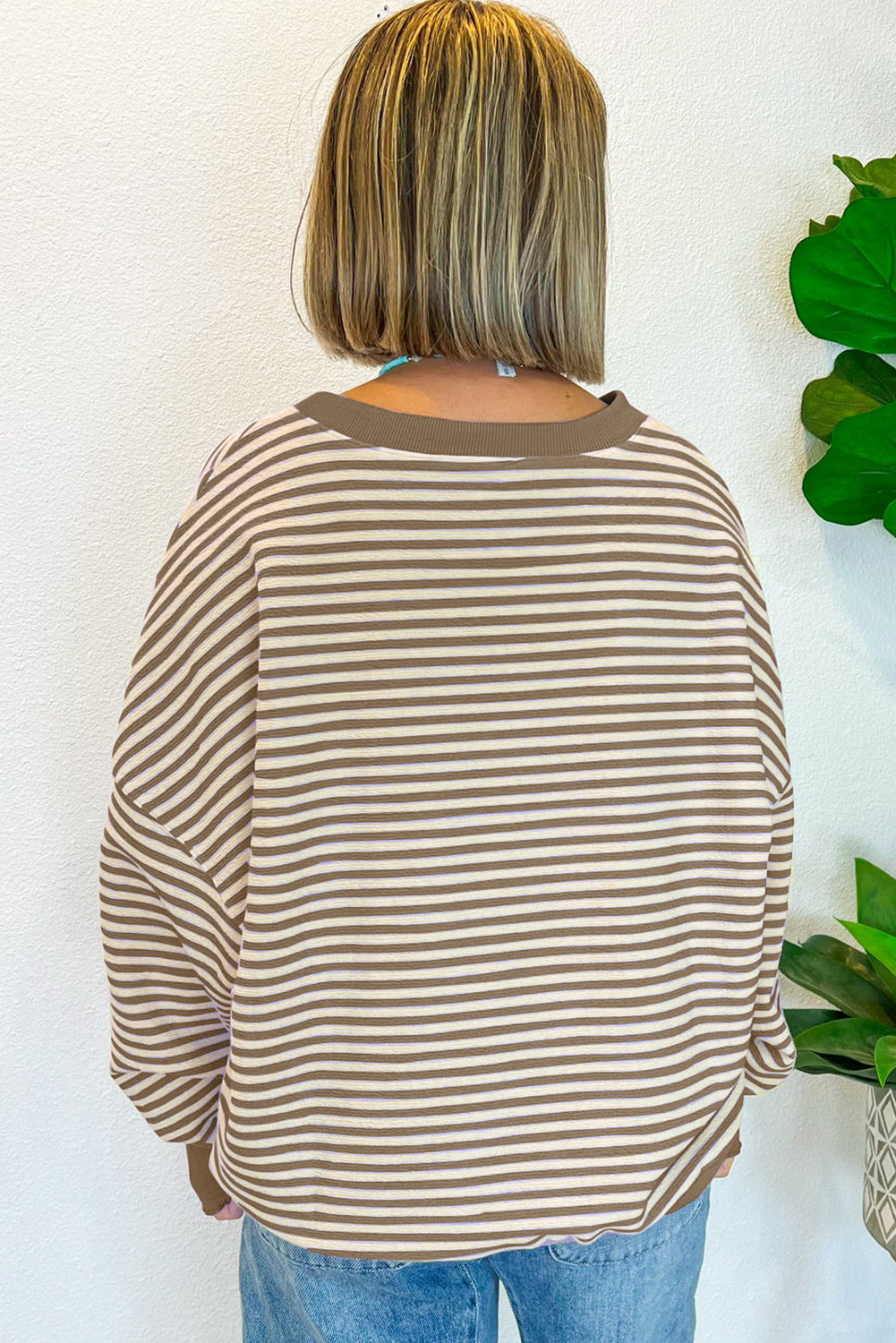 Blue Zone Planet | Green Stripe Drop Shoulder Long Sleeve Top-Long Sleeve Tops-[Adult]-[Female]-2022 Online Blue Zone Planet