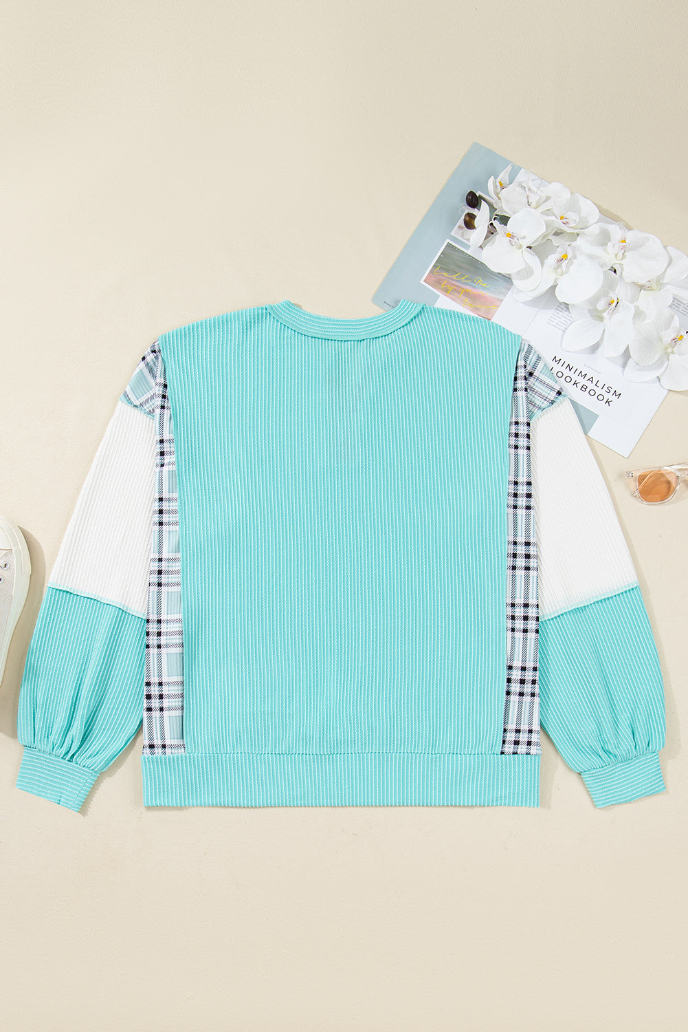 Aruba Blue Twist Ribbed Color Block Plaid Patchwork Plus Size Long Sleeve Top-Plus Size/Plus Size Tops/Plus Size Long Sleeve Tops-[Adult]-[Female]-2022 Online Blue Zone Planet