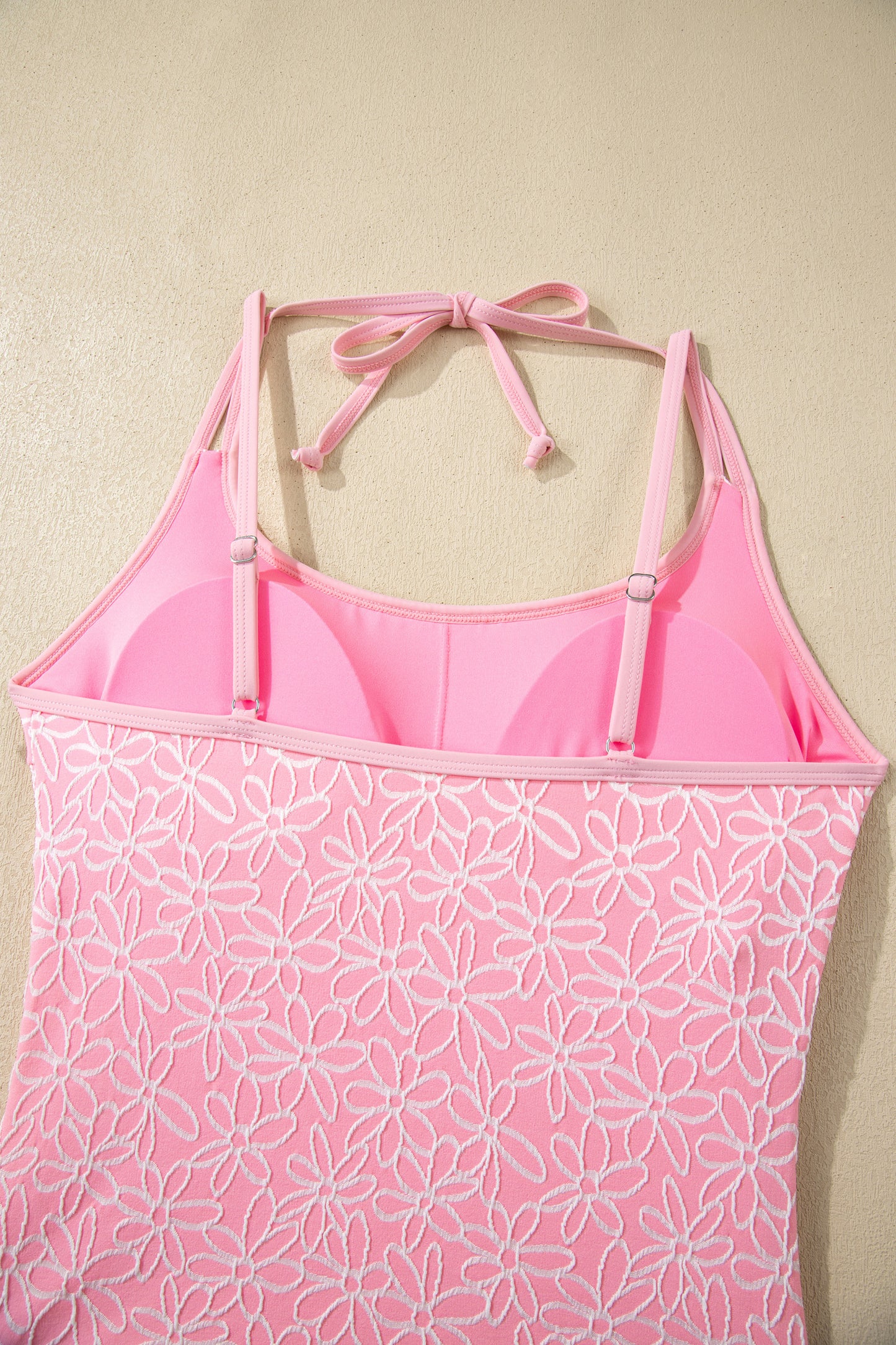 Pink Corded Flower Texture Spaghetti Straps Halterneck One Piece Swimsuit-Swimwear/One Piece Swimsuit-[Adult]-[Female]-2022 Online Blue Zone Planet