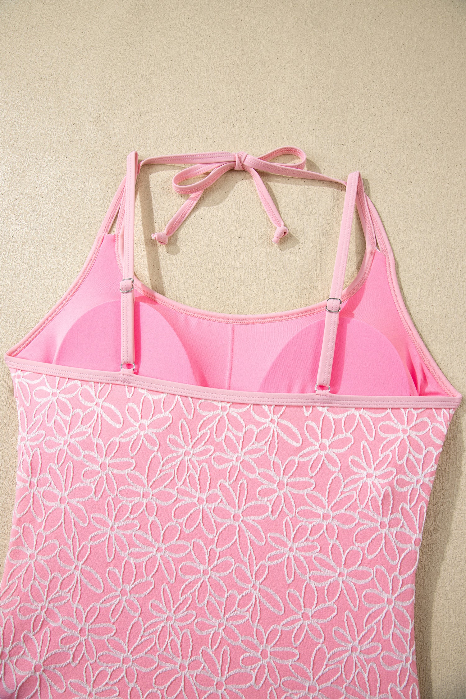 Pink Corded Flower Texture Spaghetti Straps Halterneck One Piece Swimsuit-Swimwear/One Piece Swimsuit-[Adult]-[Female]-2022 Online Blue Zone Planet