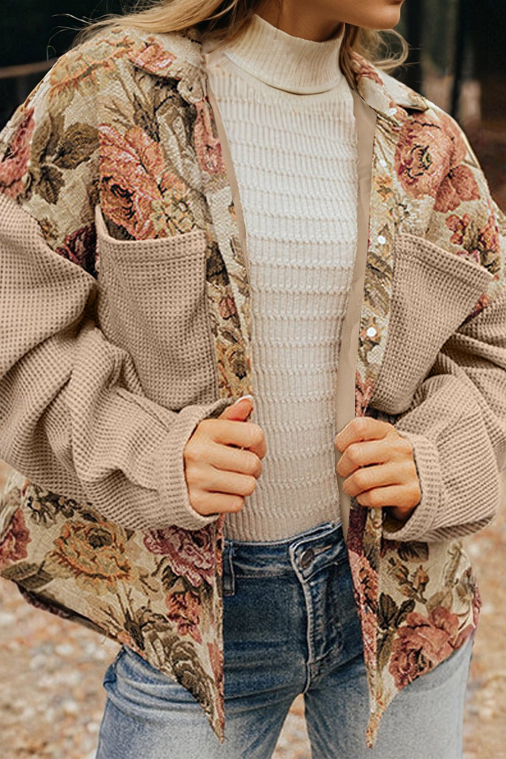 Khaki Floral Waffle Knit Patchwork Chest Pockets Buttoned Jacket-Outerwear/Jackets-[Adult]-[Female]-2022 Online Blue Zone Planet