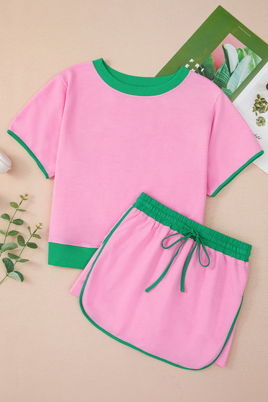 Bonbon Colorblock Edge Drop Shoulder T Shirt and Skort 2Pcs Set-Two Piece Sets/Short Sets-[Adult]-[Female]-2022 Online Blue Zone Planet