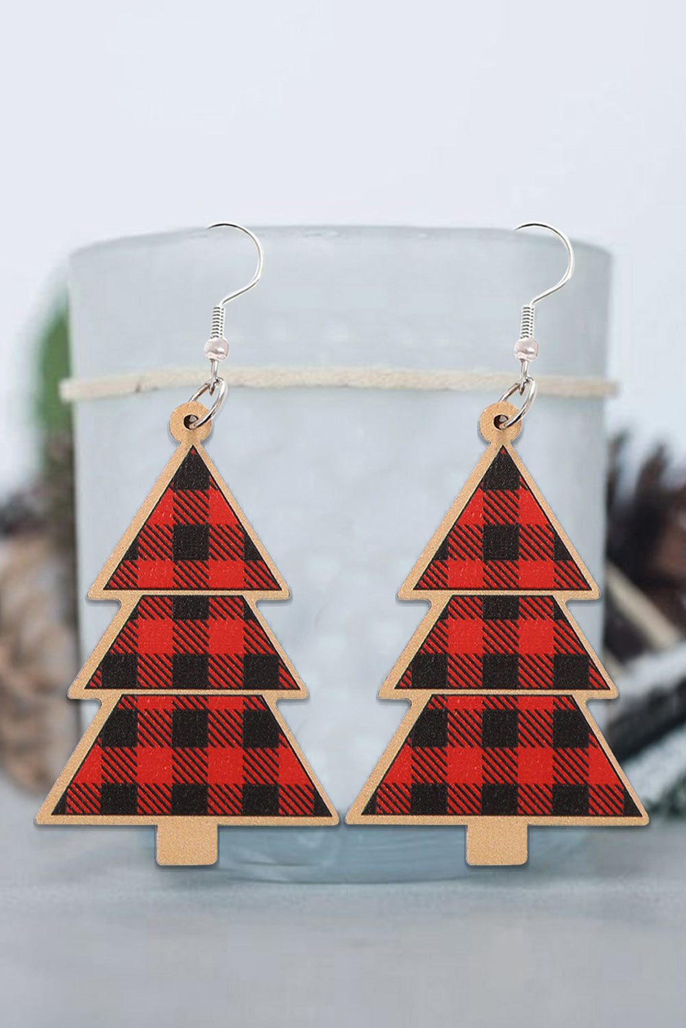 Red Plaid Christmas Tree Wooden Pendant Earrings-Accessories/Jewelry-[Adult]-[Female]-Red-ONE SIZE-2022 Online Blue Zone Planet
