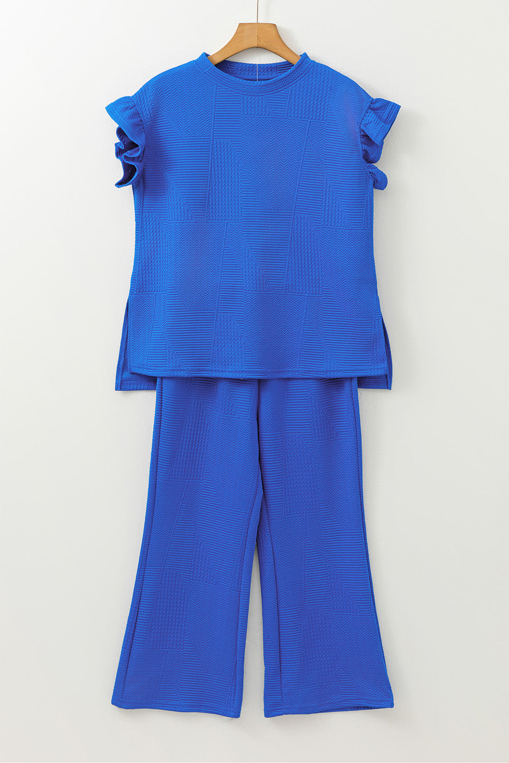 Dark Blue Ruffled Sleeve Summer Top and Cropped Loose Pants Set-Two Piece Sets/Pant Sets-[Adult]-[Female]-2022 Online Blue Zone Planet