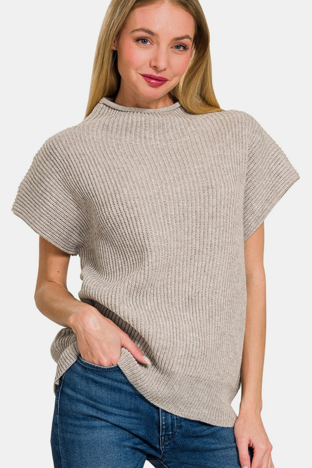 Zenana Short Sleeve Mock Neck Sweater-TOPS / DRESSES-[Adult]-[Female]-2022 Online Blue Zone Planet