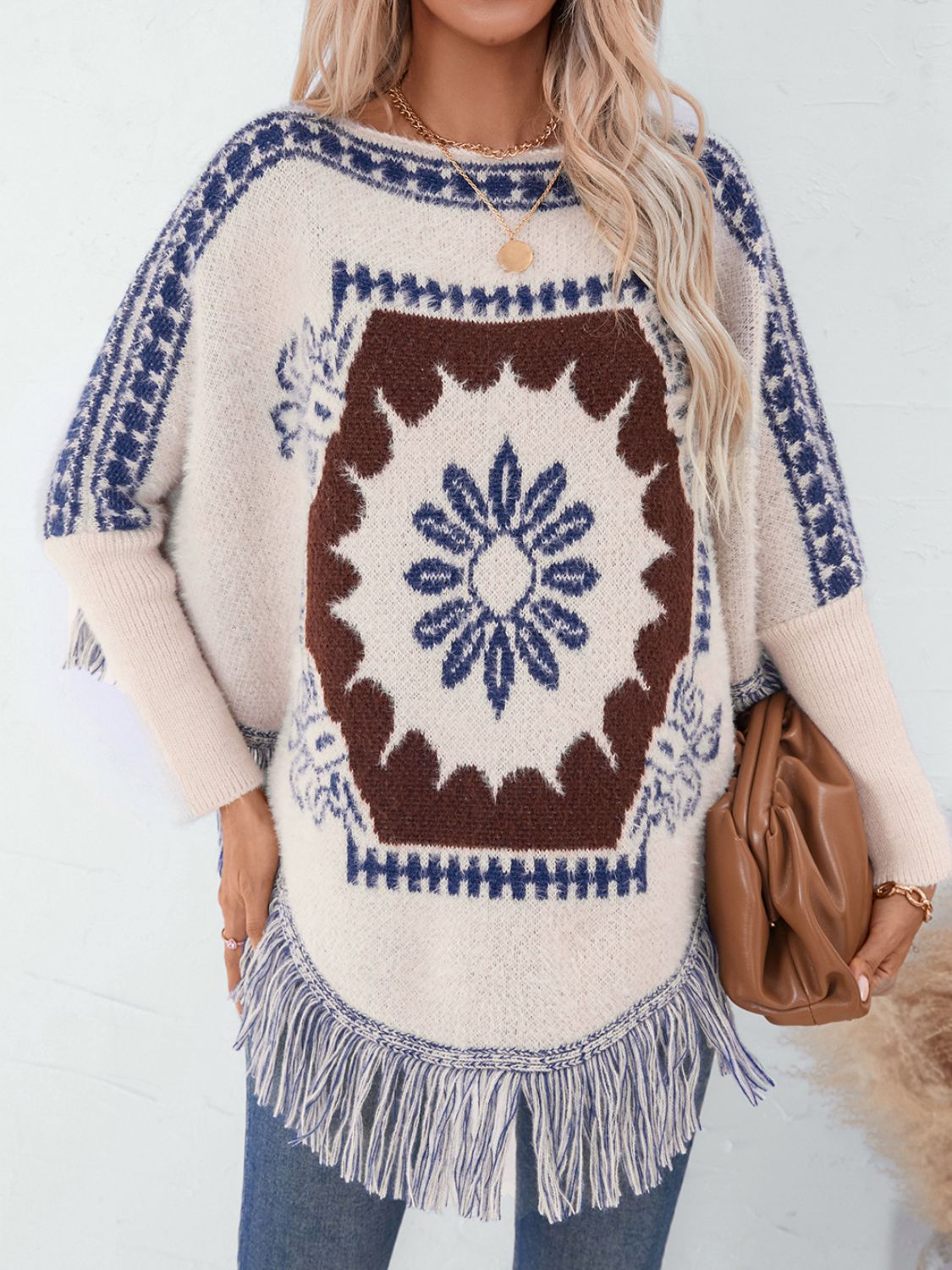 Fringe Geometric Long Sleeve Poncho-TOPS / DRESSES-[Adult]-[Female]-2022 Online Blue Zone Planet