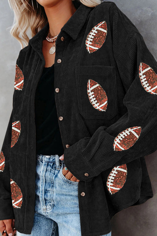 Blue Zone Planet | Sequin Football Button Up Long Sleeve Jacket-TOPS / DRESSES-[Adult]-[Female]-Black-S-2022 Online Blue Zone Planet