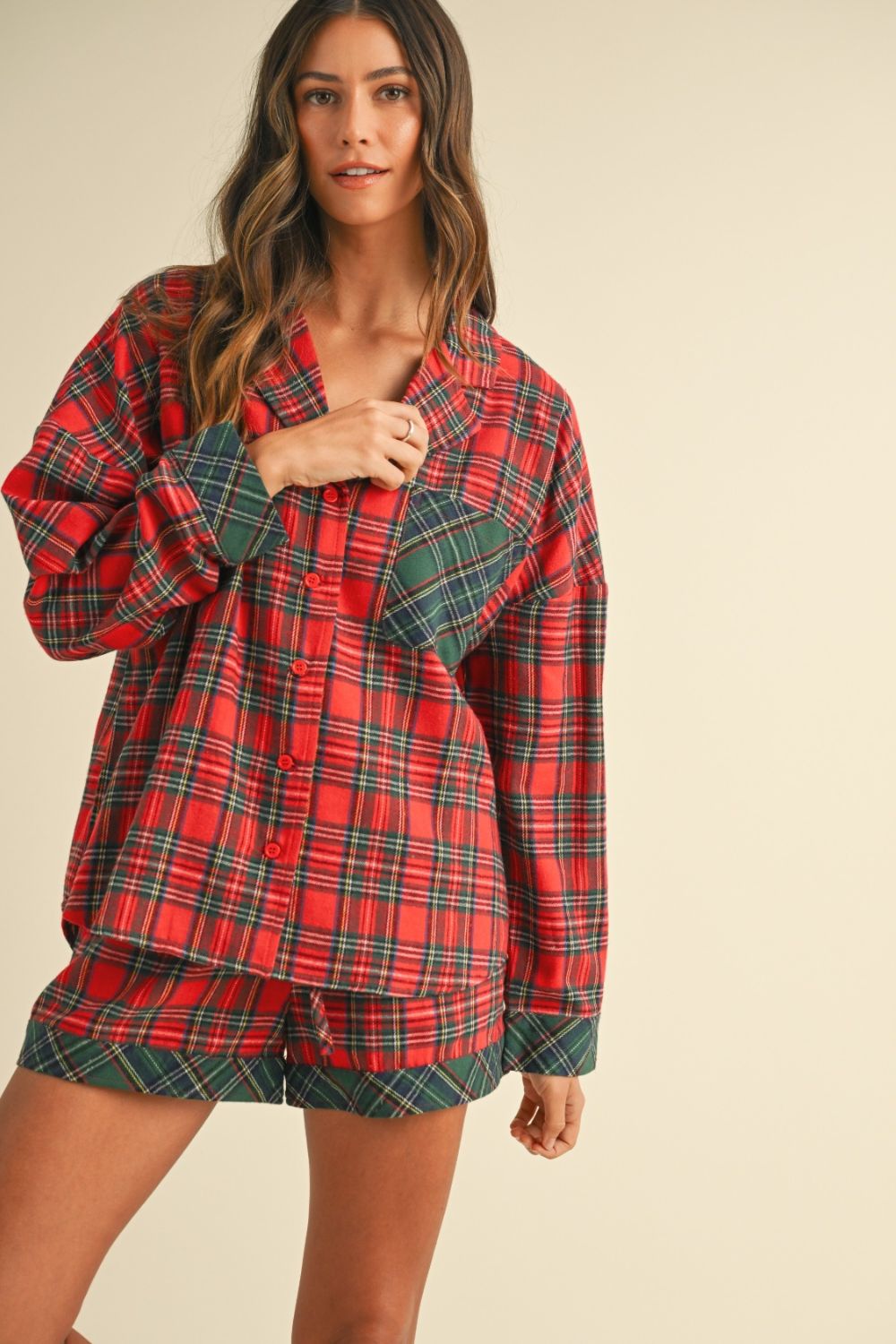 Blue Zone Planet | Annie Wear Contrast Plaid Long Sleeve Top and Shorts Set-TOPS / DRESSES-[Adult]-[Female]-2022 Online Blue Zone Planet