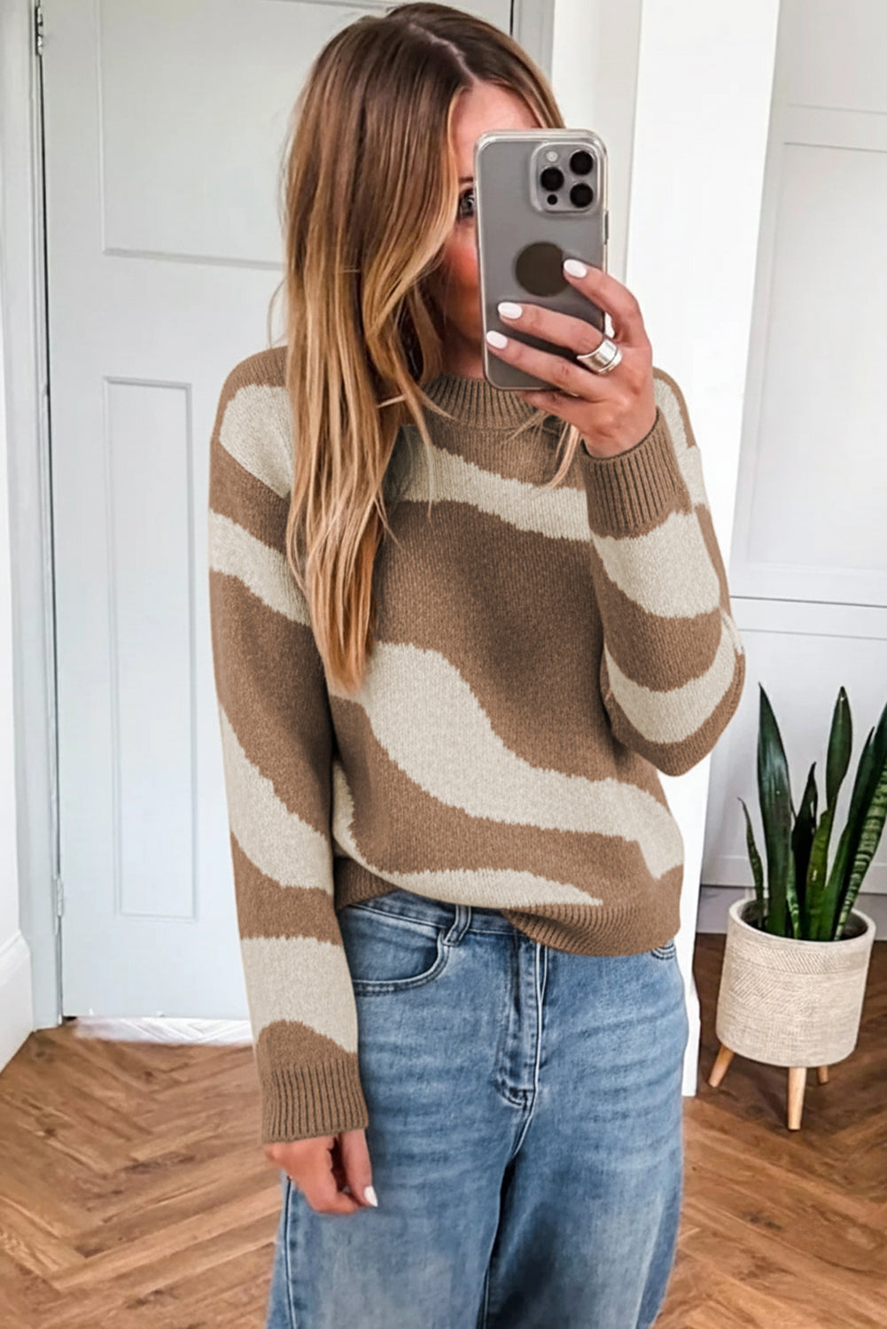 Dark Khaki Abstract Print Ribbed Trim Mock Neck Chic Sweater