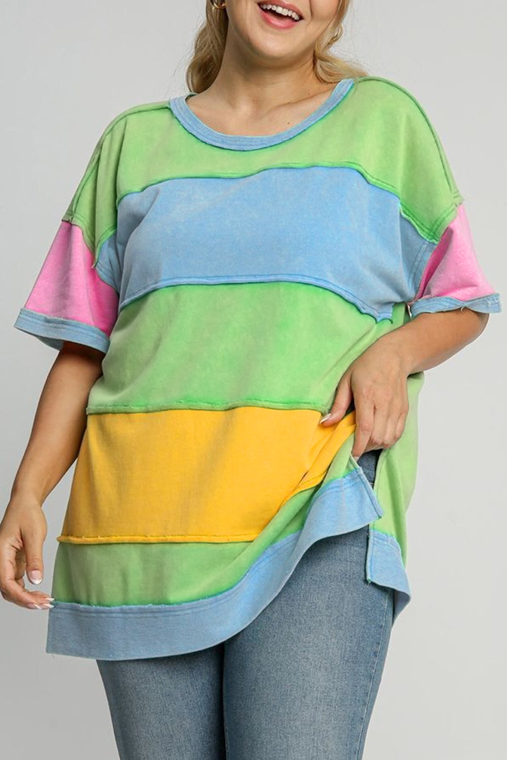 Blue Zone Planet | Light Blue Color Block Exposed Seam Patchwork Plus Size T Shirt-Plus Size/Plus Size Tops/Plus Size Tops & Tees-[Adult]-[Female]-2022 Online Blue Zone Planet