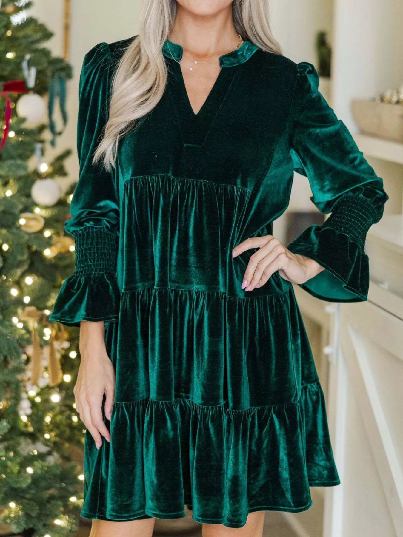 Velvet Tiered Notched Mini Dress Blue Zone Planet Velvet Tiered Notched Mini Dress Blue Zone Planet
