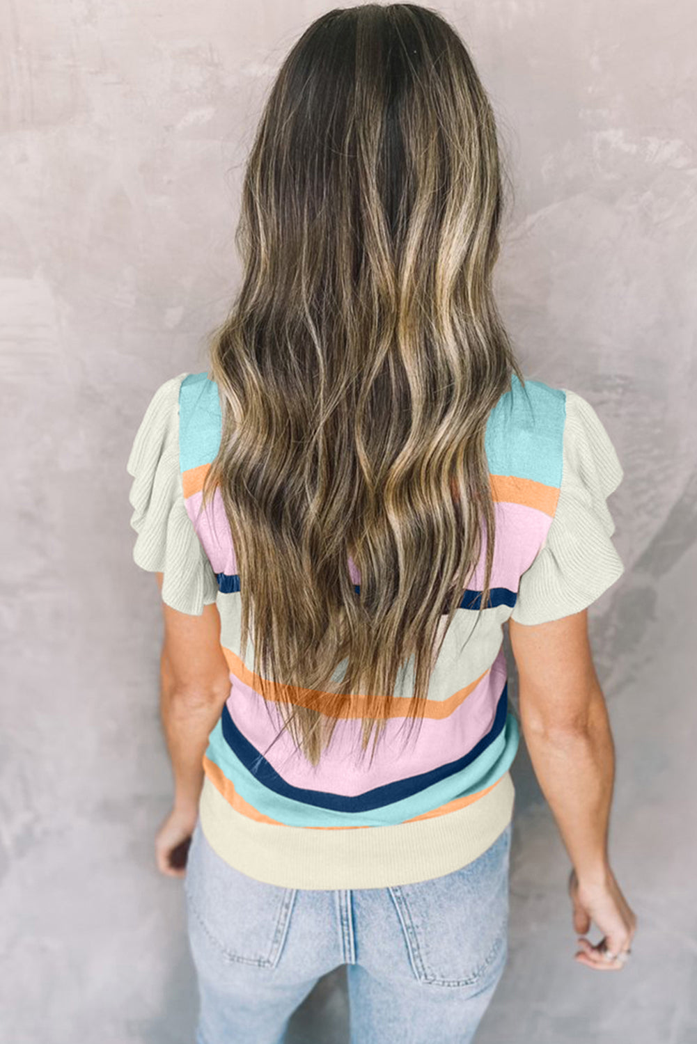 Multicolour Striped Color Block Flutter Sleeve Patchwork Sweater Top-TOPS / DRESSES-[Adult]-[Female]-2022 Online Blue Zone Planet