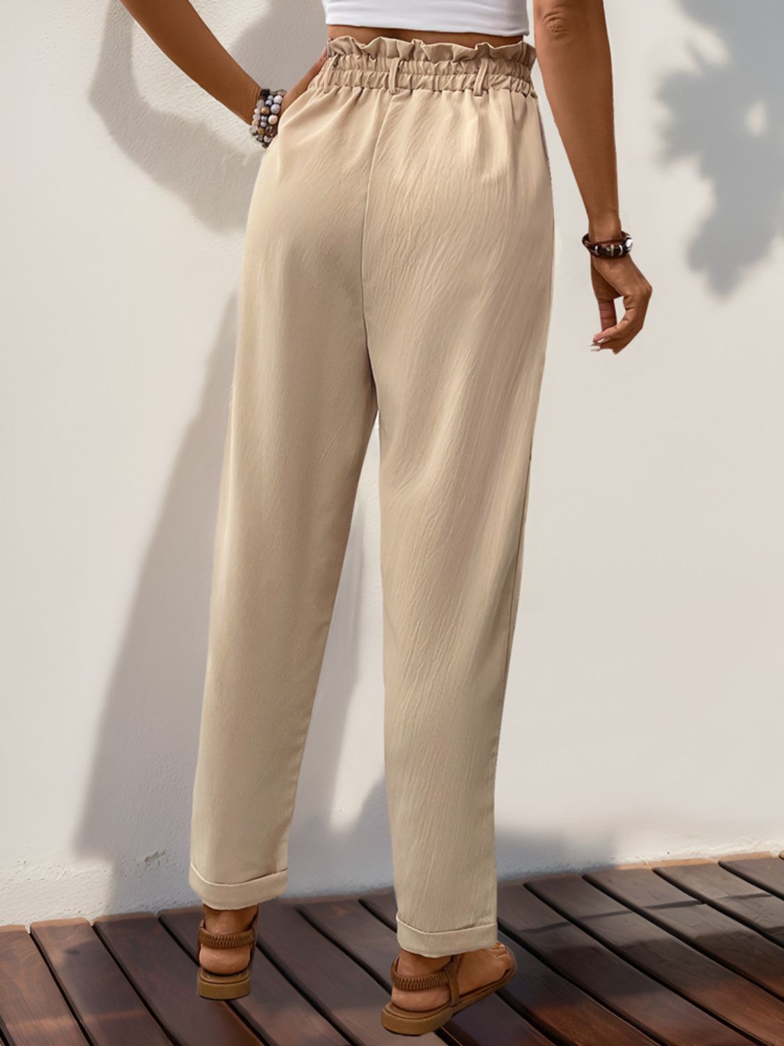 Perfee Frill High Waist Pants with Pockets-BOTTOMS SIZES SMALL MEDIUM LARGE-[Adult]-[Female]-2022 Online Blue Zone Planet