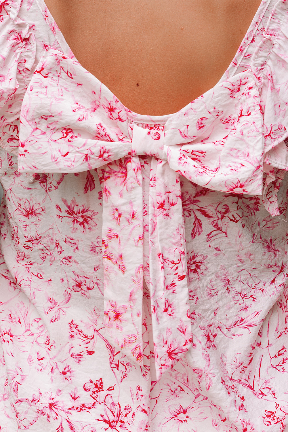 Pink Floral Ruffled Short Sleeve Bow Back Square Neck Blouse-Tops/Blouses & Shirts-[Adult]-[Female]-2022 Online Blue Zone Planet