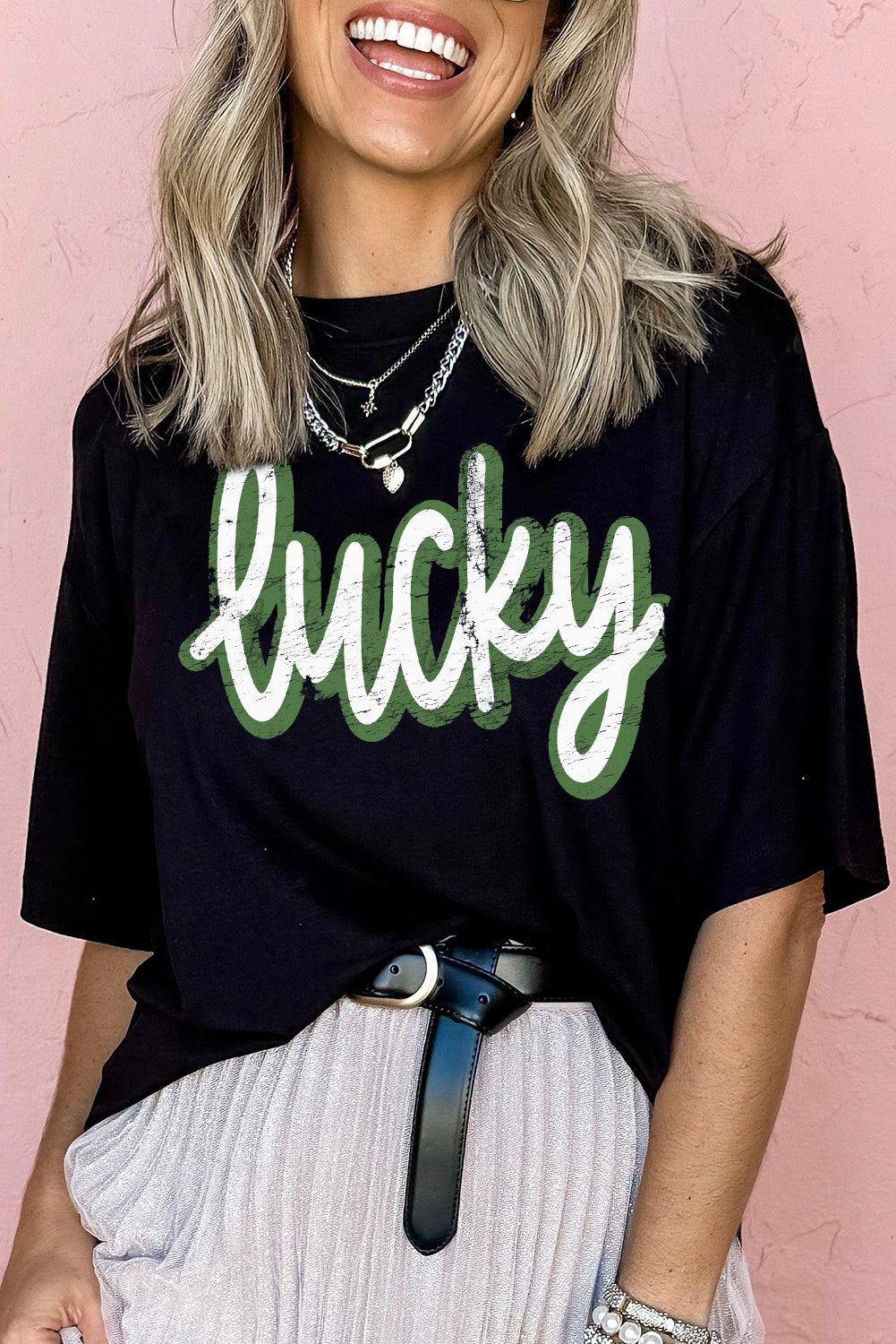 Black St Patricks Day lucky Cracked Letter Graphic T Shirt-Graphic/Graphic Tees-[Adult]-[Female]-Black-S-2022 Online Blue Zone Planet