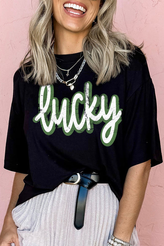 Black St Patricks Day lucky Cracked Letter Graphic T Shirt-Graphic/Graphic Tees-[Adult]-[Female]-Black-S-2022 Online Blue Zone Planet