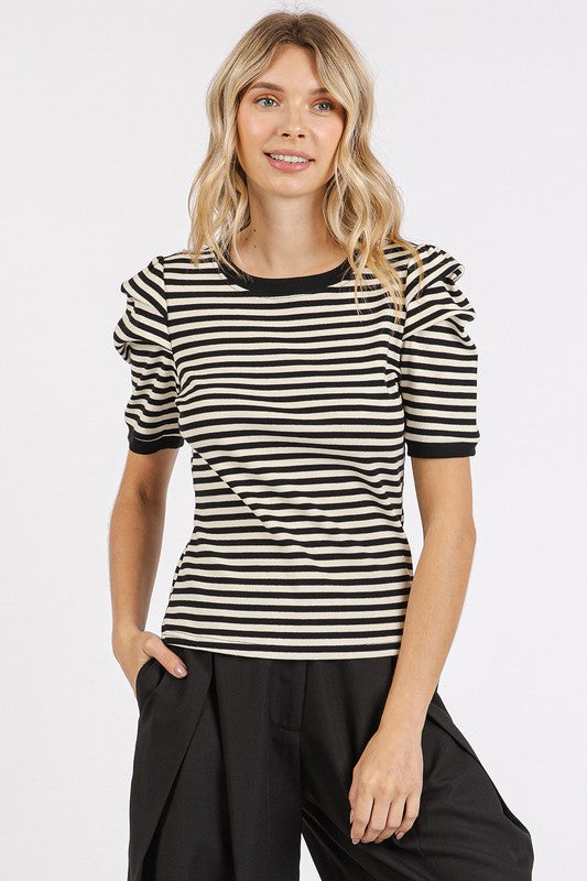 Mittoshop Striped Round Neck Puff Sleeve T-Shirt-TOPS / DRESSES-[Adult]-[Female]-2022 Online Blue Zone Planet