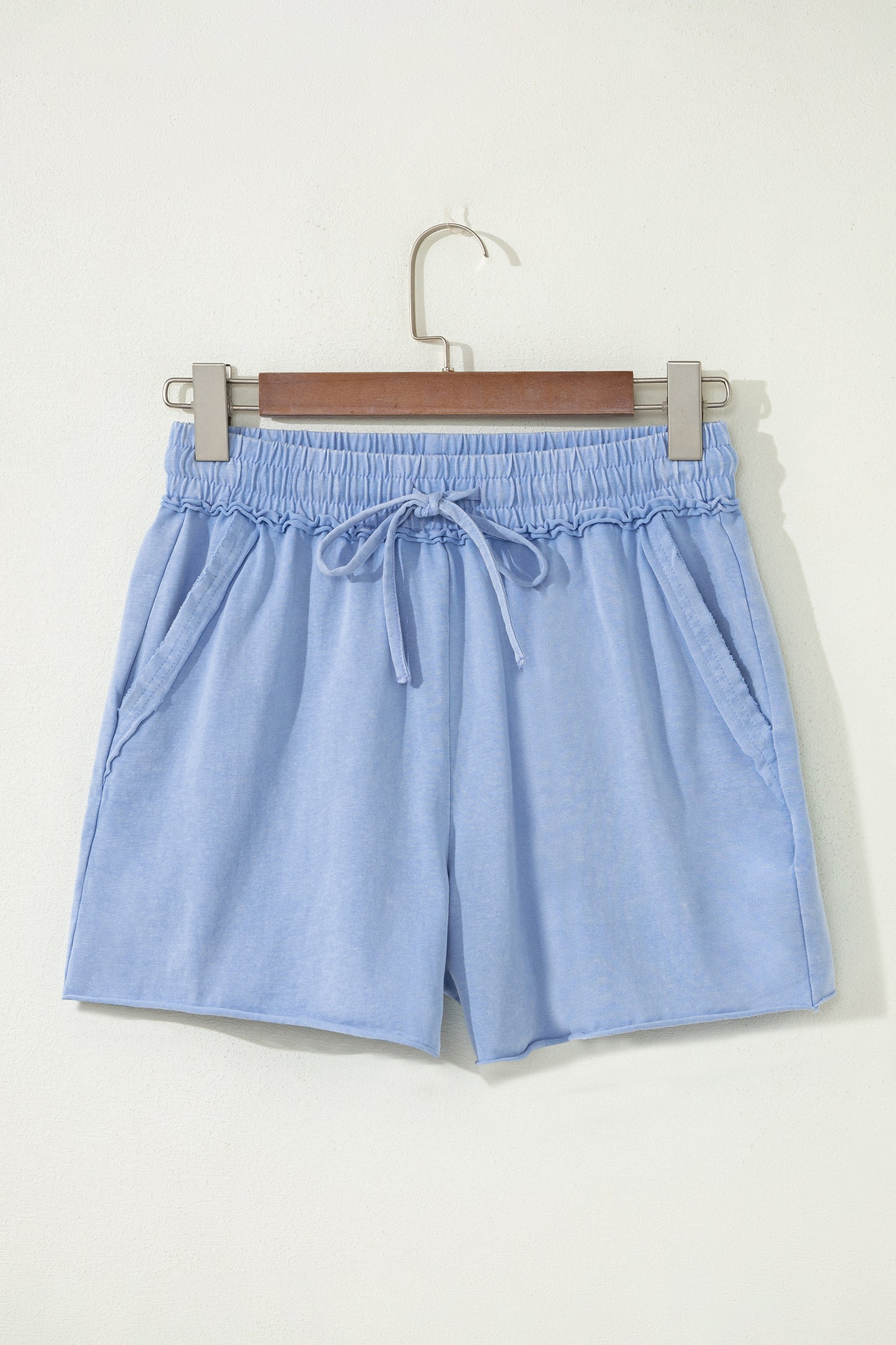 Sky Blue Mineral Washed Drawstring Elastic Waist Raw Cut Shorts-Bottoms/Casual Shorts-[Adult]-[Female]-2022 Online Blue Zone Planet