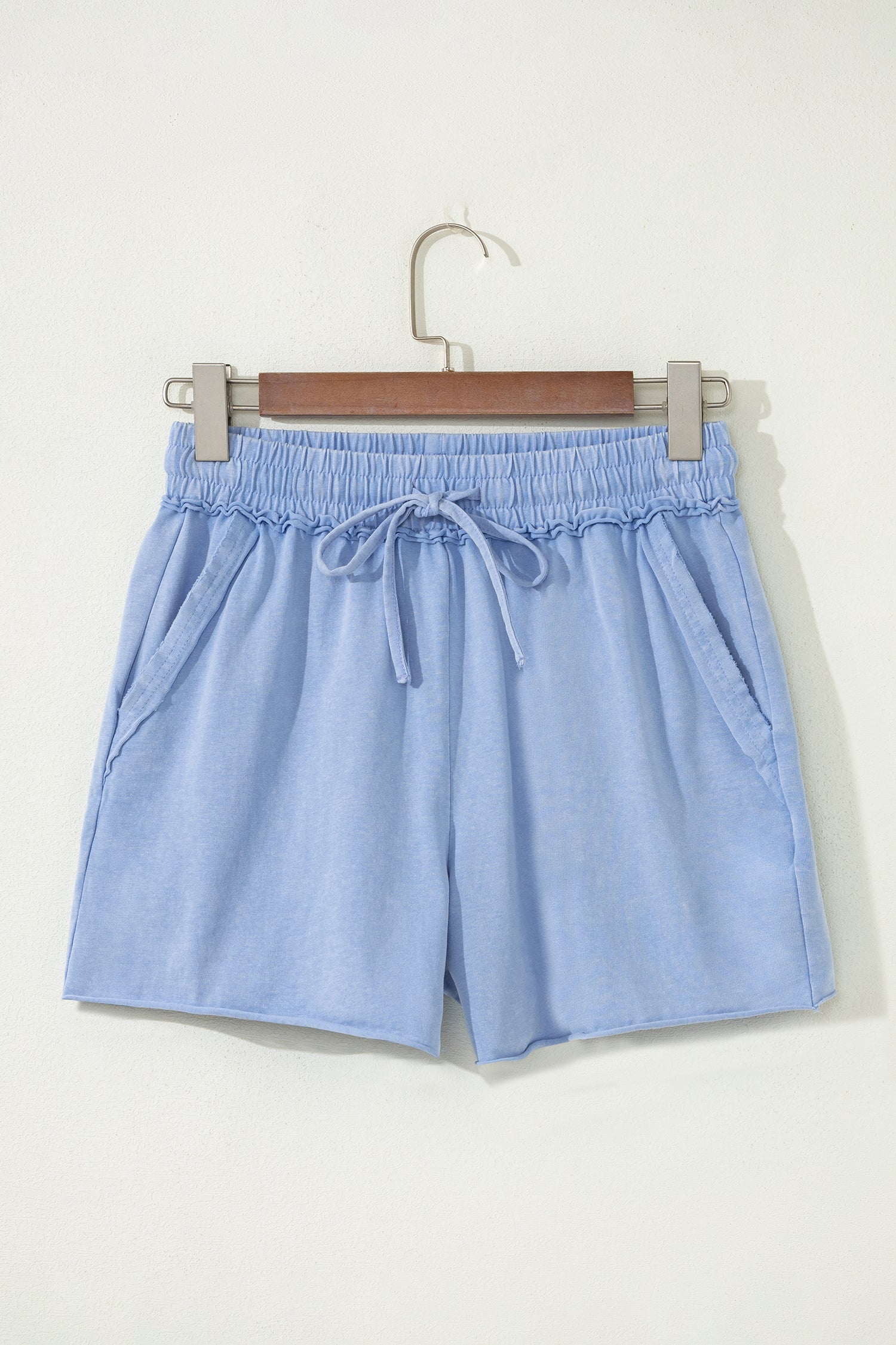Sky Blue Mineral Washed Drawstring Elastic Waist Raw Cut Shorts-Bottoms/Casual Shorts-[Adult]-[Female]-2022 Online Blue Zone Planet