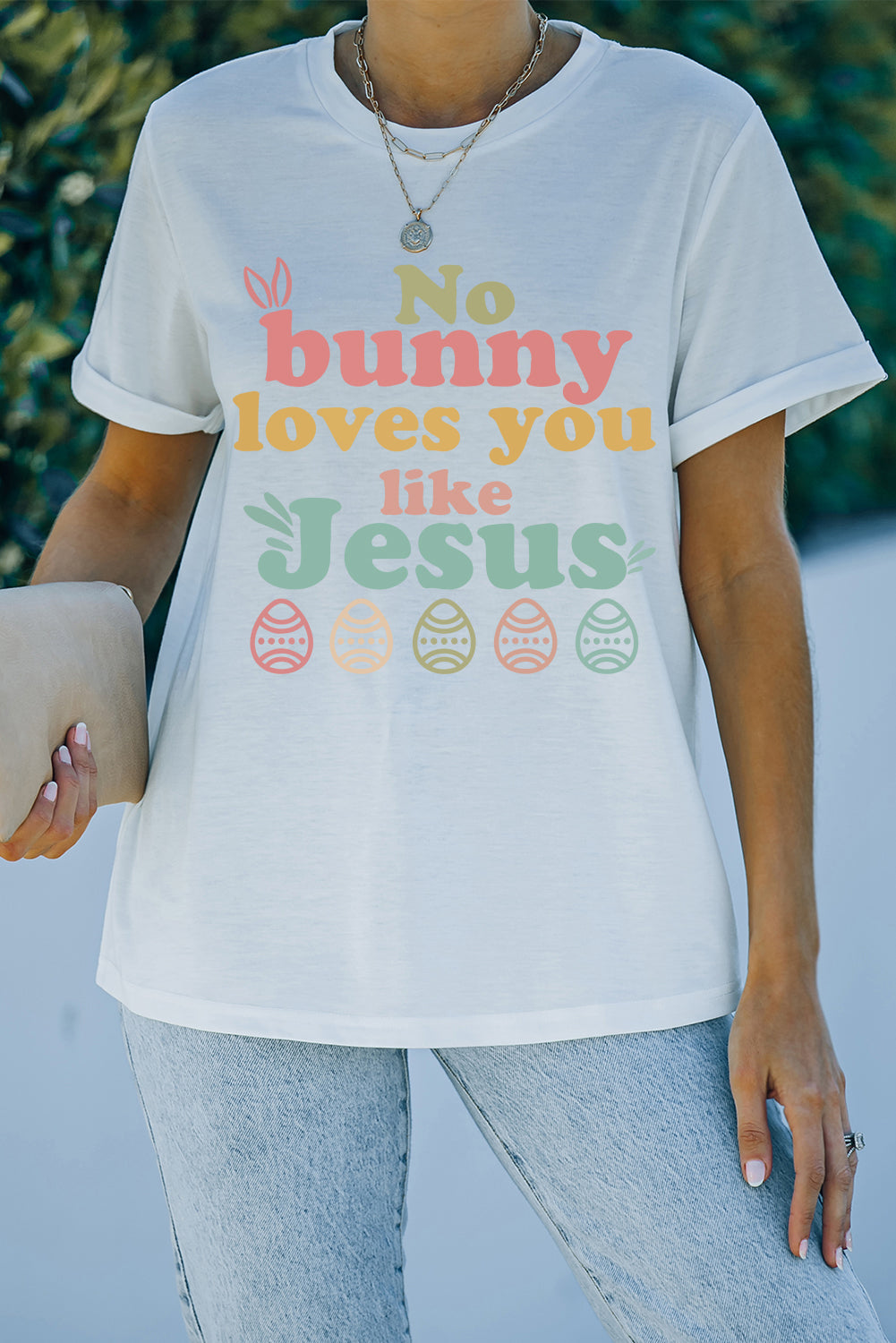 White No bunny loves you like Jesus Graphic Easter Day T-shirt-Graphic/Graphic Tees-[Adult]-[Female]-2022 Online Blue Zone Planet