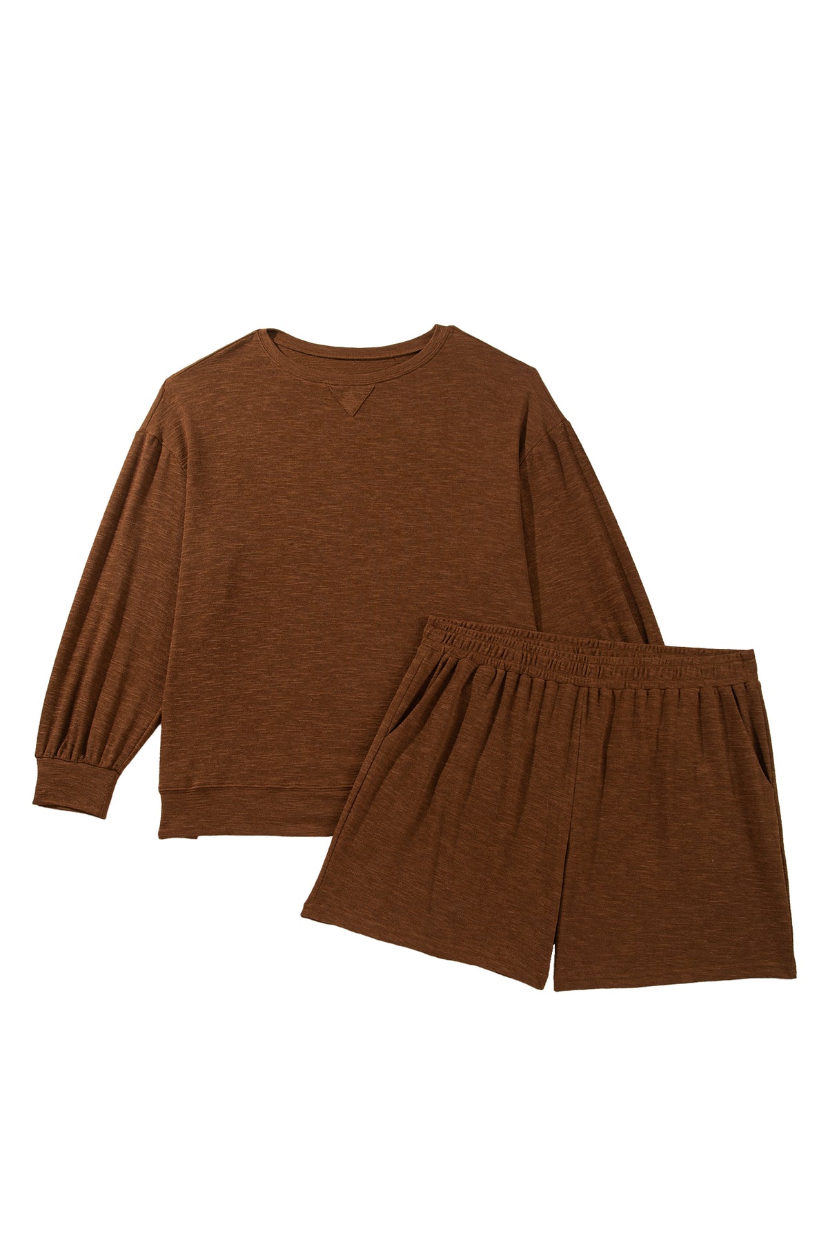 Chestnut Drop Shoulder Long Sleeve Top Elastic Waist Shorts Plus Size Set-Plus Size/Plus Size Loungewear-[Adult]-[Female]-2022 Online Blue Zone Planet