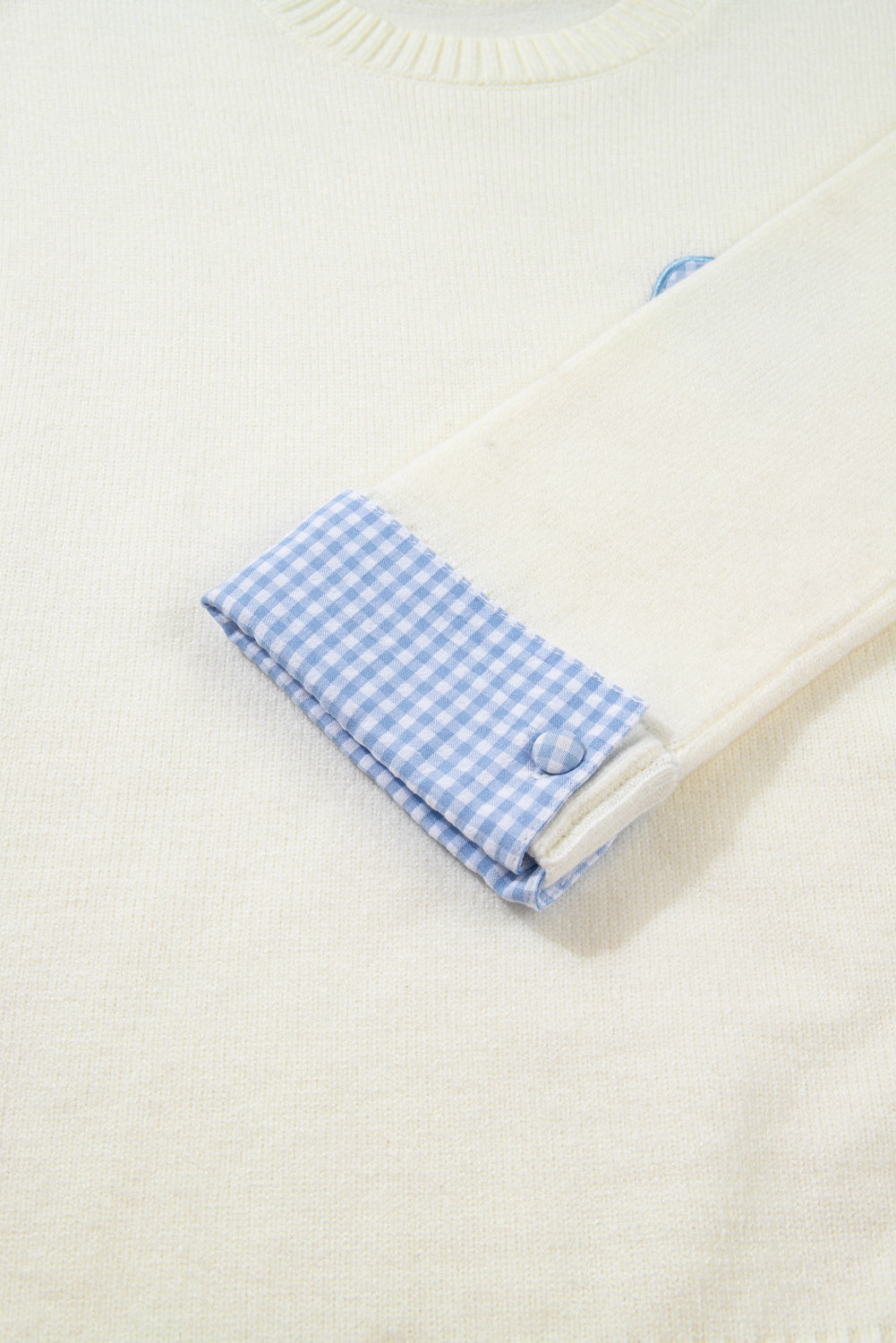 White Plaid Heart Embroidered Cuffed Drop Shoulder Crew Neck Sweater-TOPS / DRESSES-[Adult]-[Female]-2022 Online Blue Zone Planet