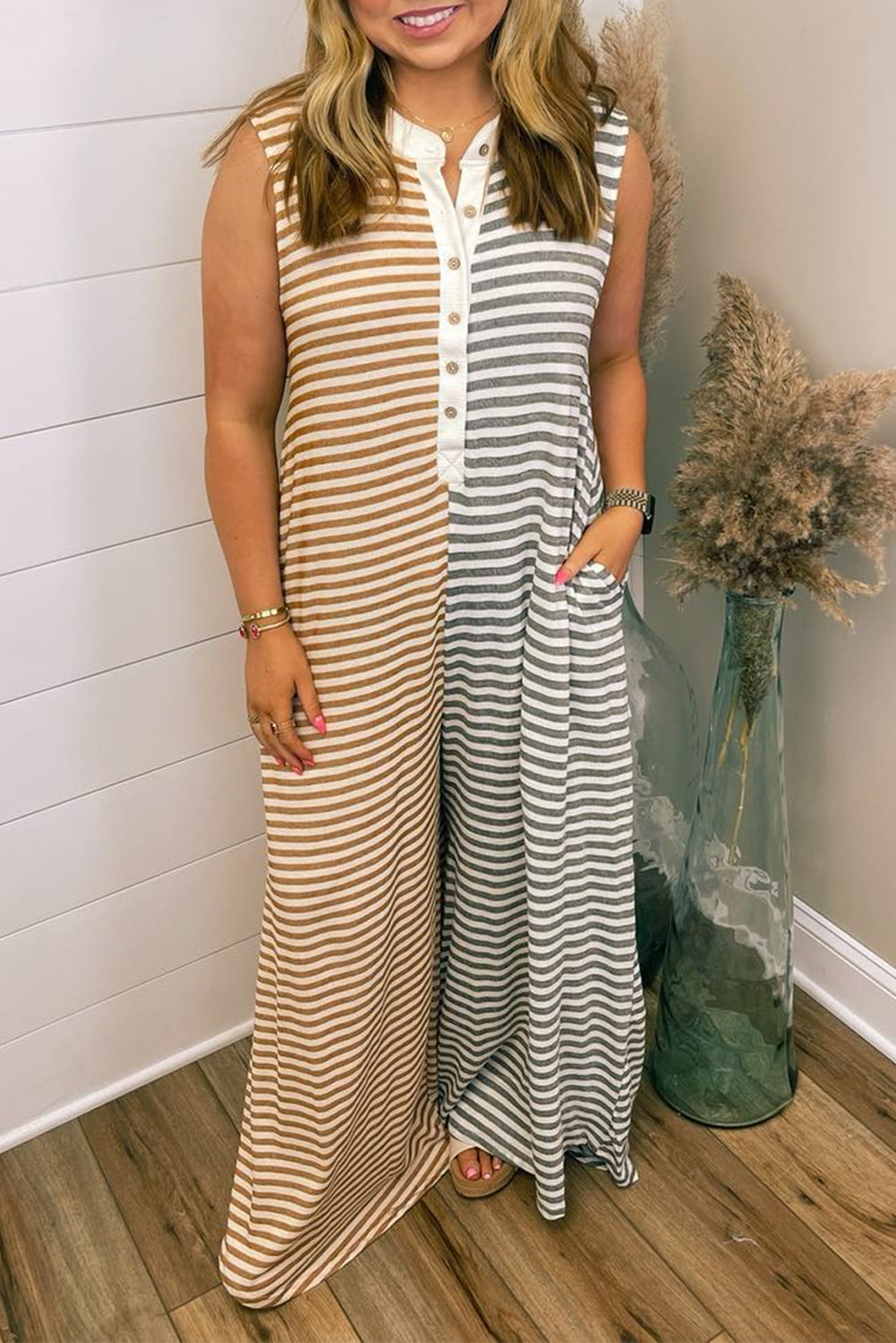 Gray Stripe Plus Size Color Block Buttoned Sleeveless Wide Leg Jumpsuit-Plus Size/Plus Size Bottoms-[Adult]-[Female]-Gray Stripe-1X-2022 Online Blue Zone Planet