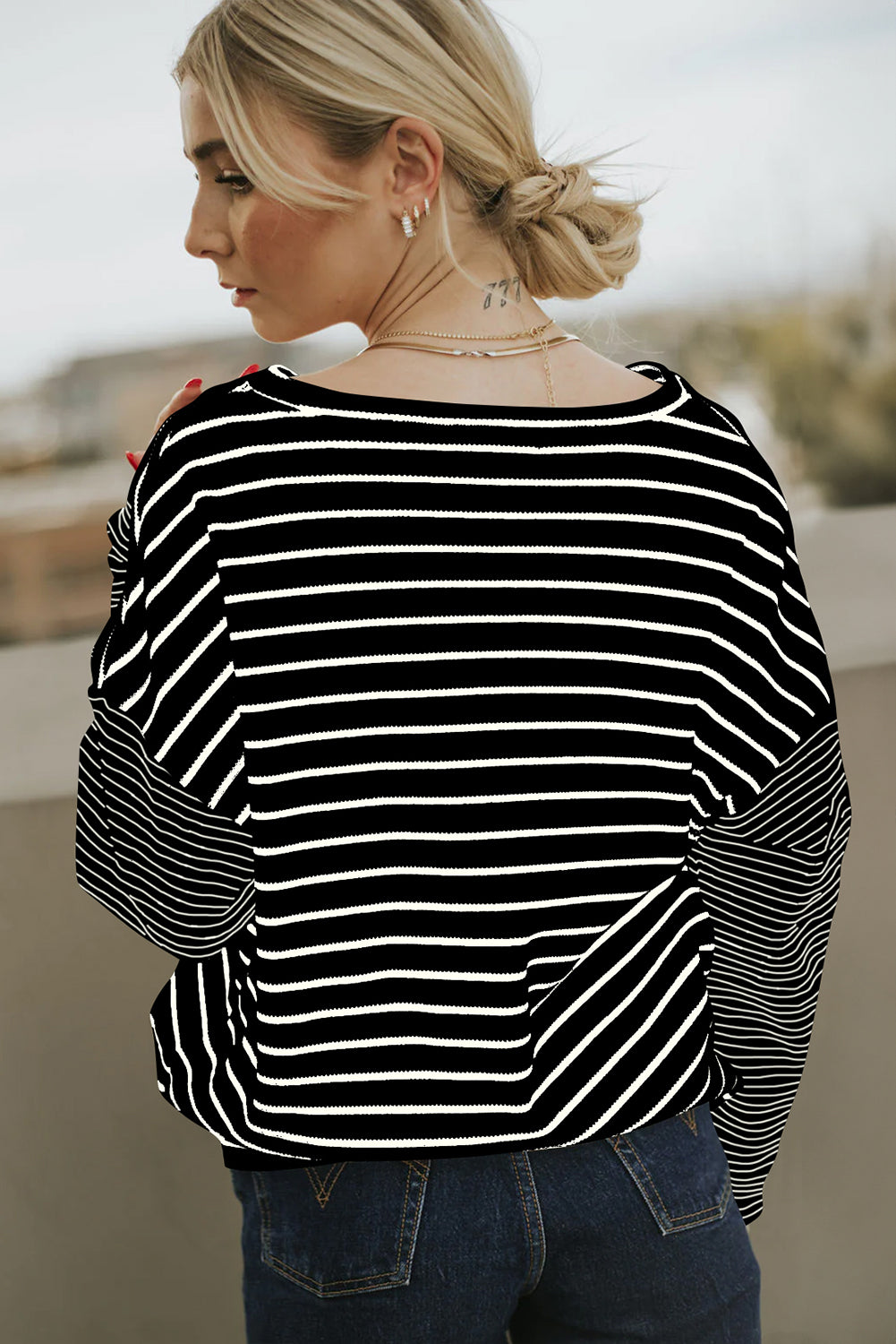 Blue Zone Planet | Black Striped Patchwork Loose Long Sleeve Tee-TOPS / DRESSES-[Adult]-[Female]-2022 Online Blue Zone Planet