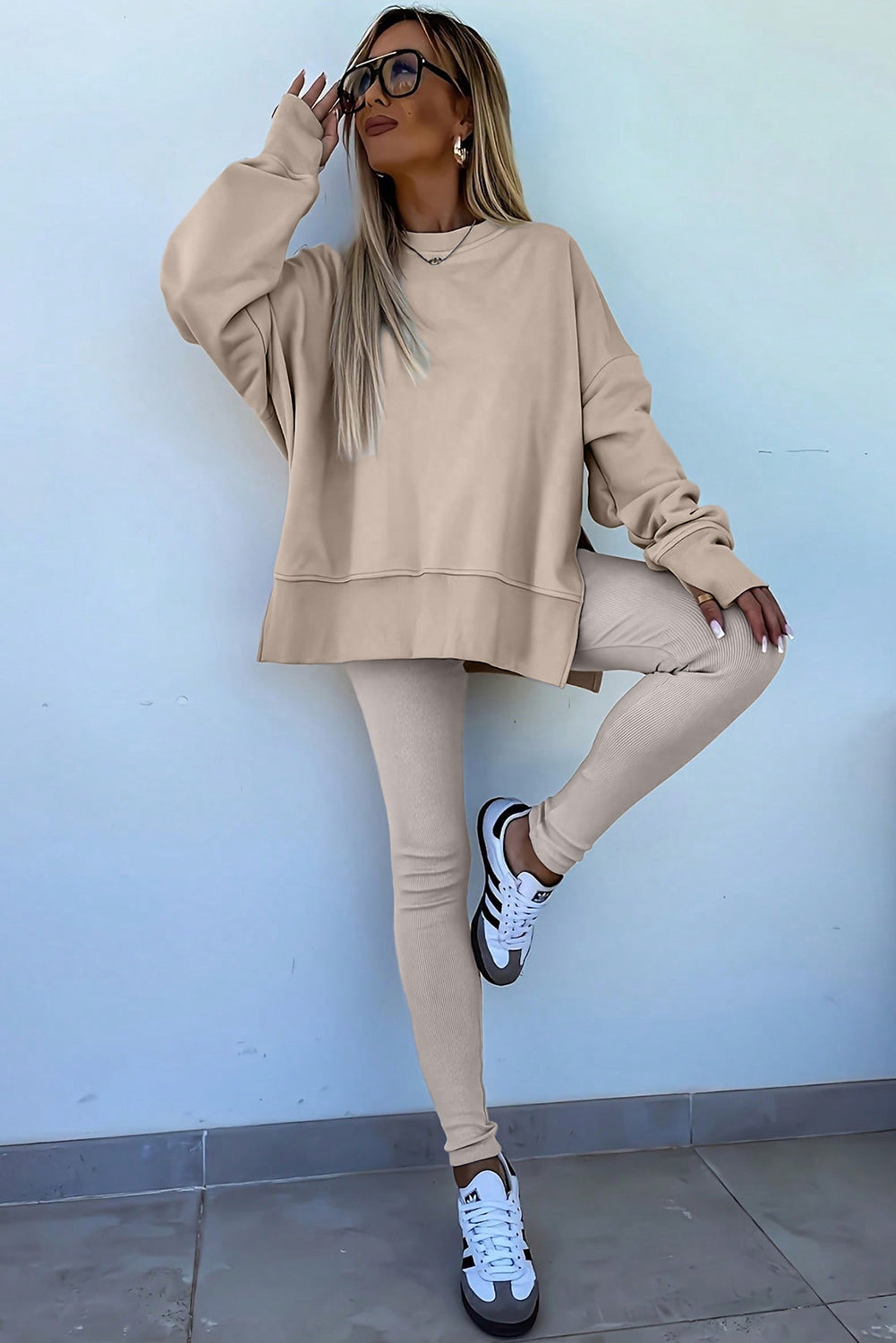 Jet Stream Solid Color Oversize Slit Sweatshirt Ribbed Leggings 2pcs Set-Two Piece Sets/Pant Sets-[Adult]-[Female]-2022 Online Blue Zone Planet