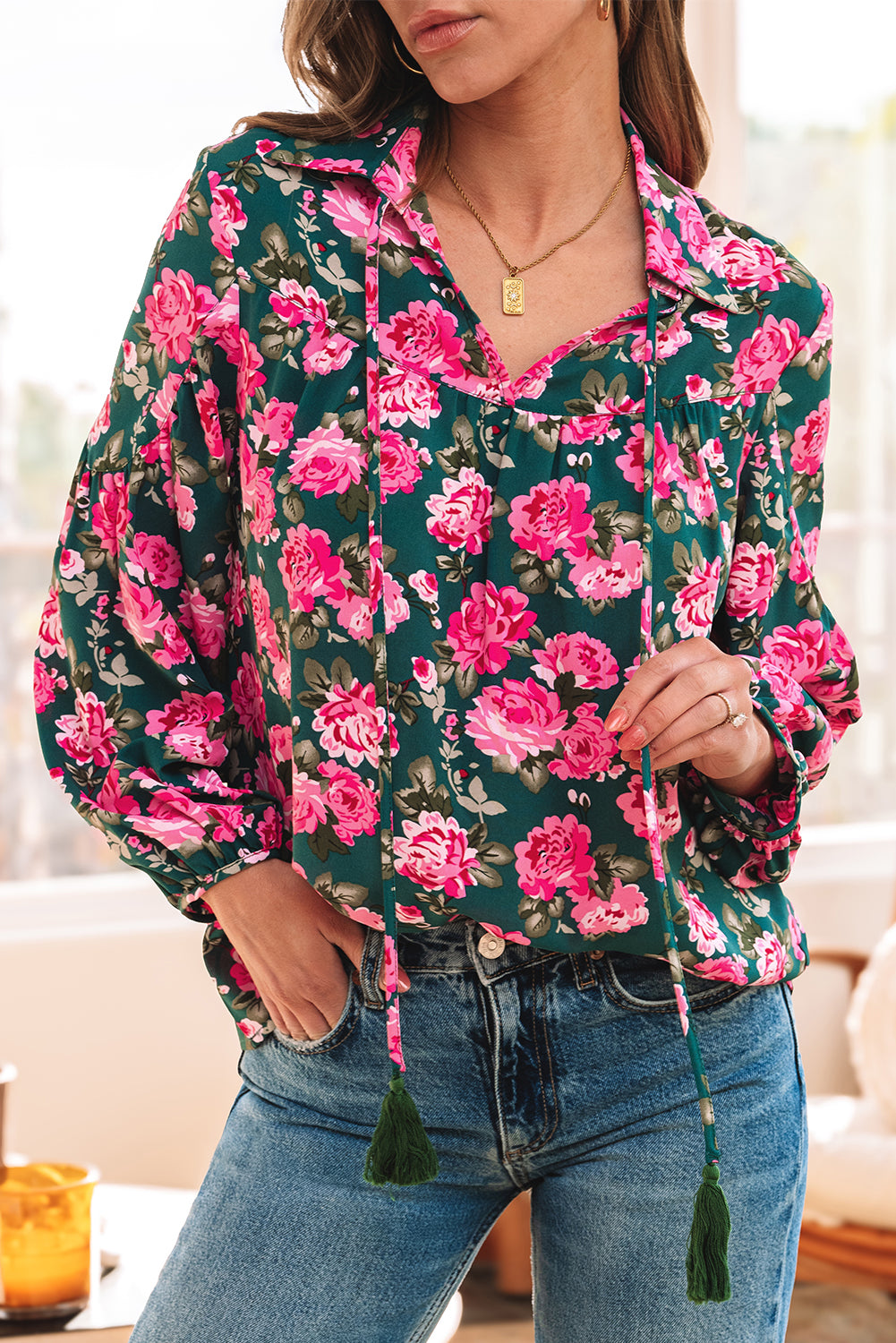 Blue Zone Planet | Green Floral Printed Tied Collar Puff Sleeve Blouse-Tops/Blouses & Shirts-[Adult]-[Female]-2022 Online Blue Zone Planet