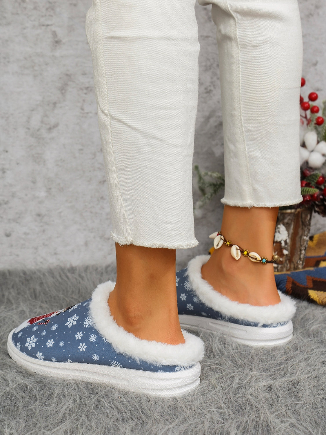 Snowman Print Flat Slippers with Faux Fur-SHOES-[Adult]-[Female]-2022 Online Blue Zone Planet