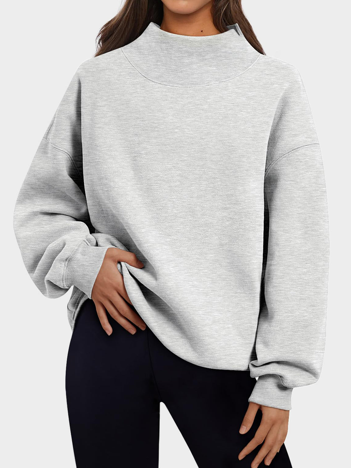 Blue Zone Planet | Mock Neck Drop Shoulder Long Sleeve Sweatshirt-TOPS / DRESSES-[Adult]-[Female]-2022 Online Blue Zone Planet