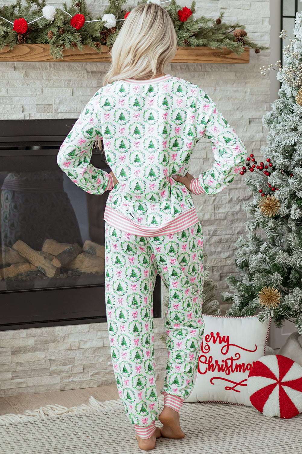 Green Bow Christmas Tree Print Contrast Striped Banding 2pcs Lounge Set-Loungewear & Sleepwear/Loungewear-[Adult]-[Female]-2022 Online Blue Zone Planet