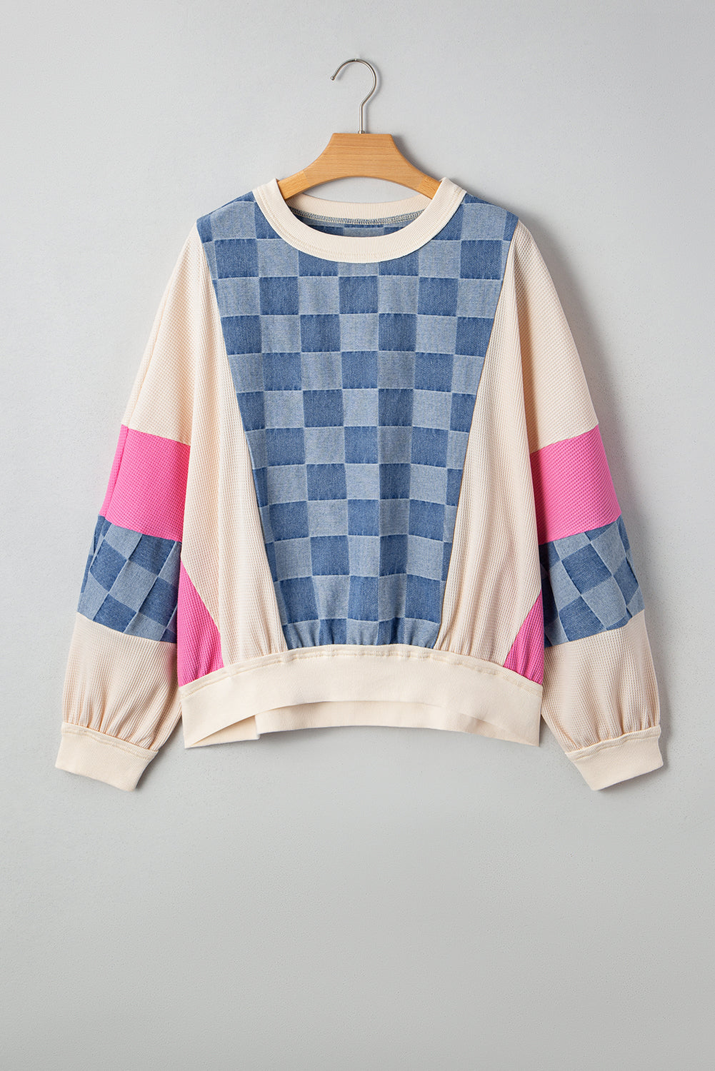 Sky Blue Oversized Checkered Denim Exposed Seam Patchwork Casual Sweatshirt-Tops/Sweatshirts & Hoodies-[Adult]-[Female]-2022 Online Blue Zone Planet