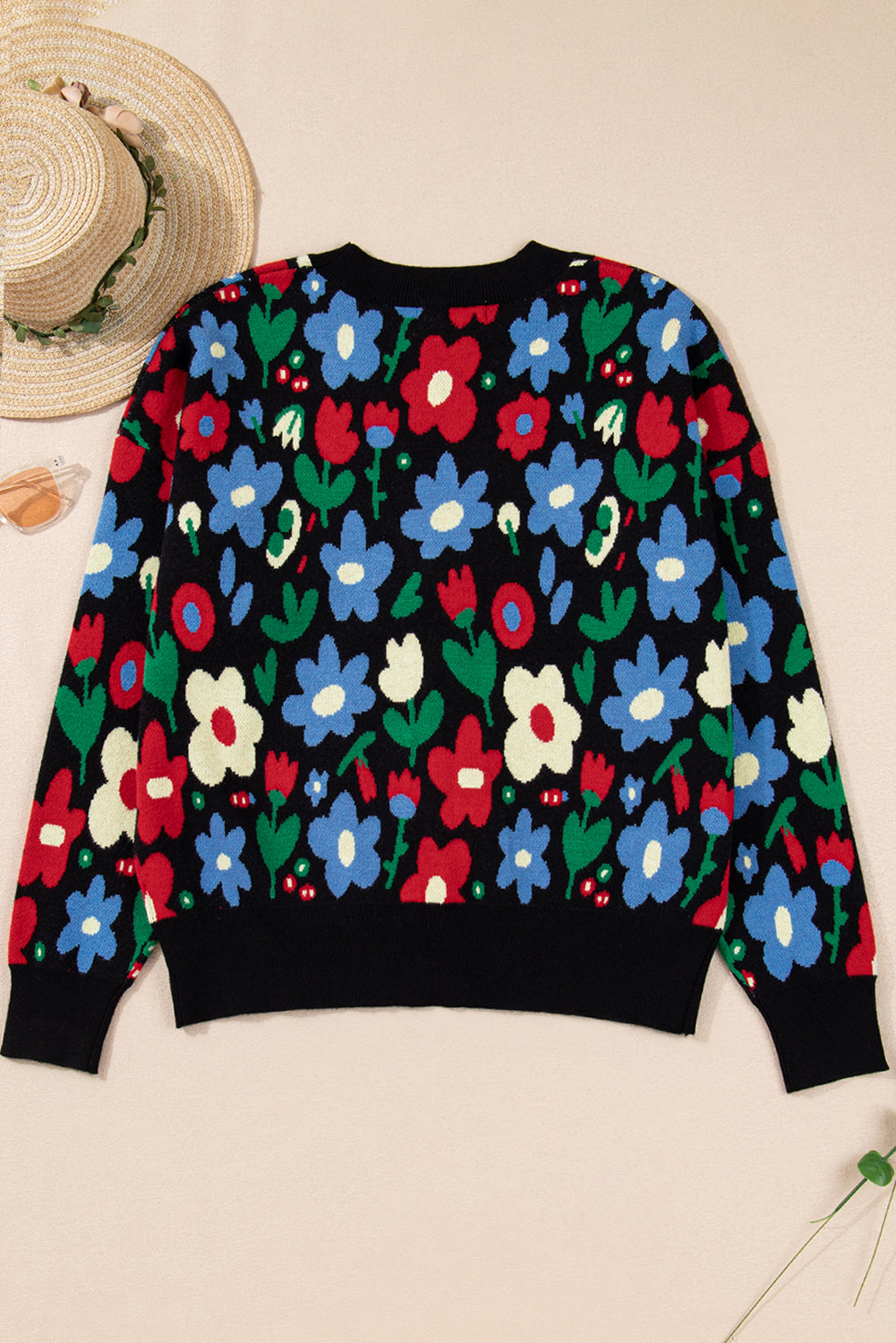 Black Floral Print V Neck Buttoned Short Cardigan Sweater-TOPS / DRESSES-[Adult]-[Female]-2022 Online Blue Zone Planet