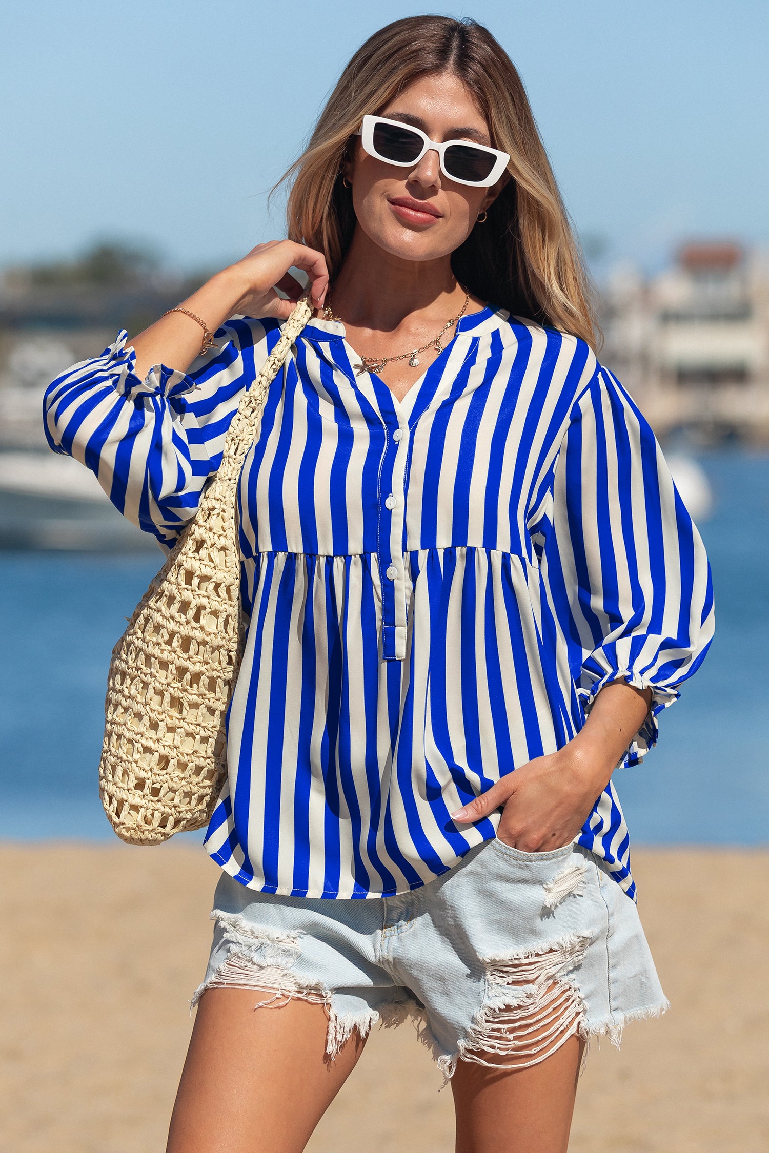 Sky Blue Stripe Balloon Sleeve Loose Button up Shirt-Tops/Blouses & Shirts-[Adult]-[Female]-2022 Online Blue Zone Planet
