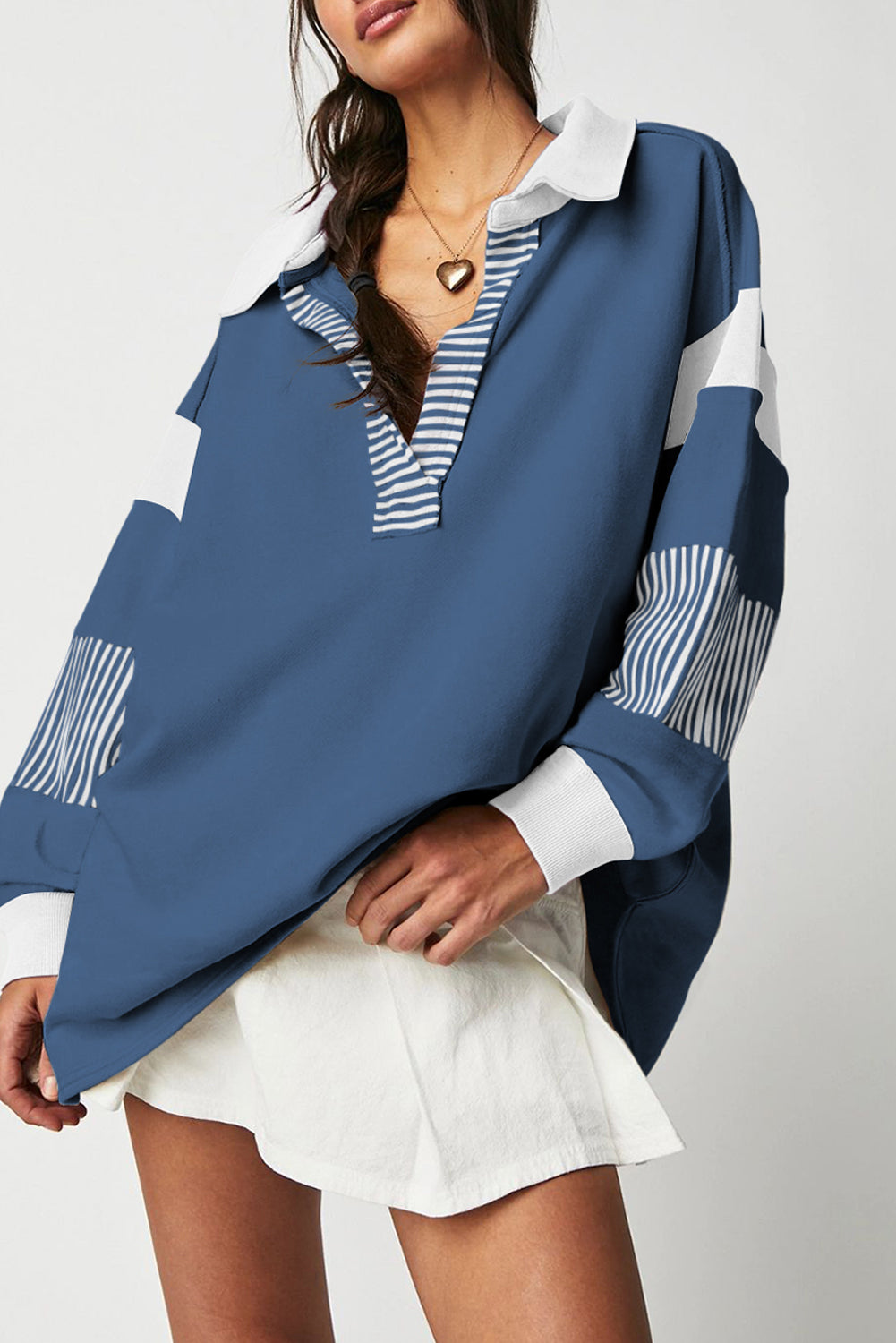 Dark Blue Striped Colorblock Patchwork Collar Sweatshirt-Tops/Sweatshirts & Hoodies-[Adult]-[Female]-Sail Blue-S-2022 Online Blue Zone Planet