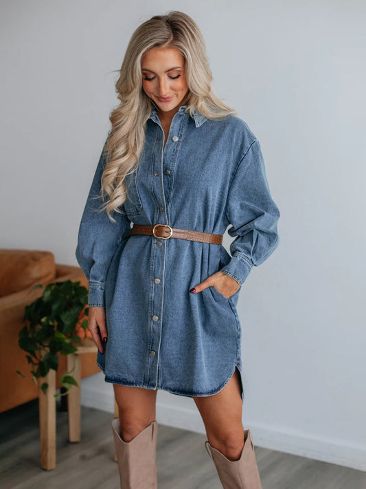 Blue Zone Planet | Button Up Collared Neck Long Sleeve Denim Dress-TOPS / DRESSES-[Adult]-[Female]-Medium-S-2022 Online Blue Zone Planet