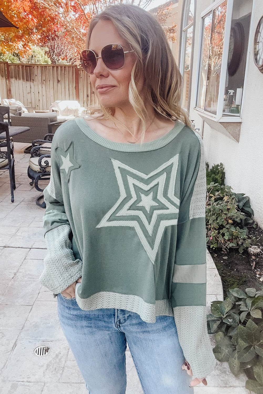 Blue Zone Planet | Mist Green Stars Patchwork Round Neck Plus Size T Shirt-TOPS / DRESSES-[Adult]-[Female]-2022 Online Blue Zone Planet