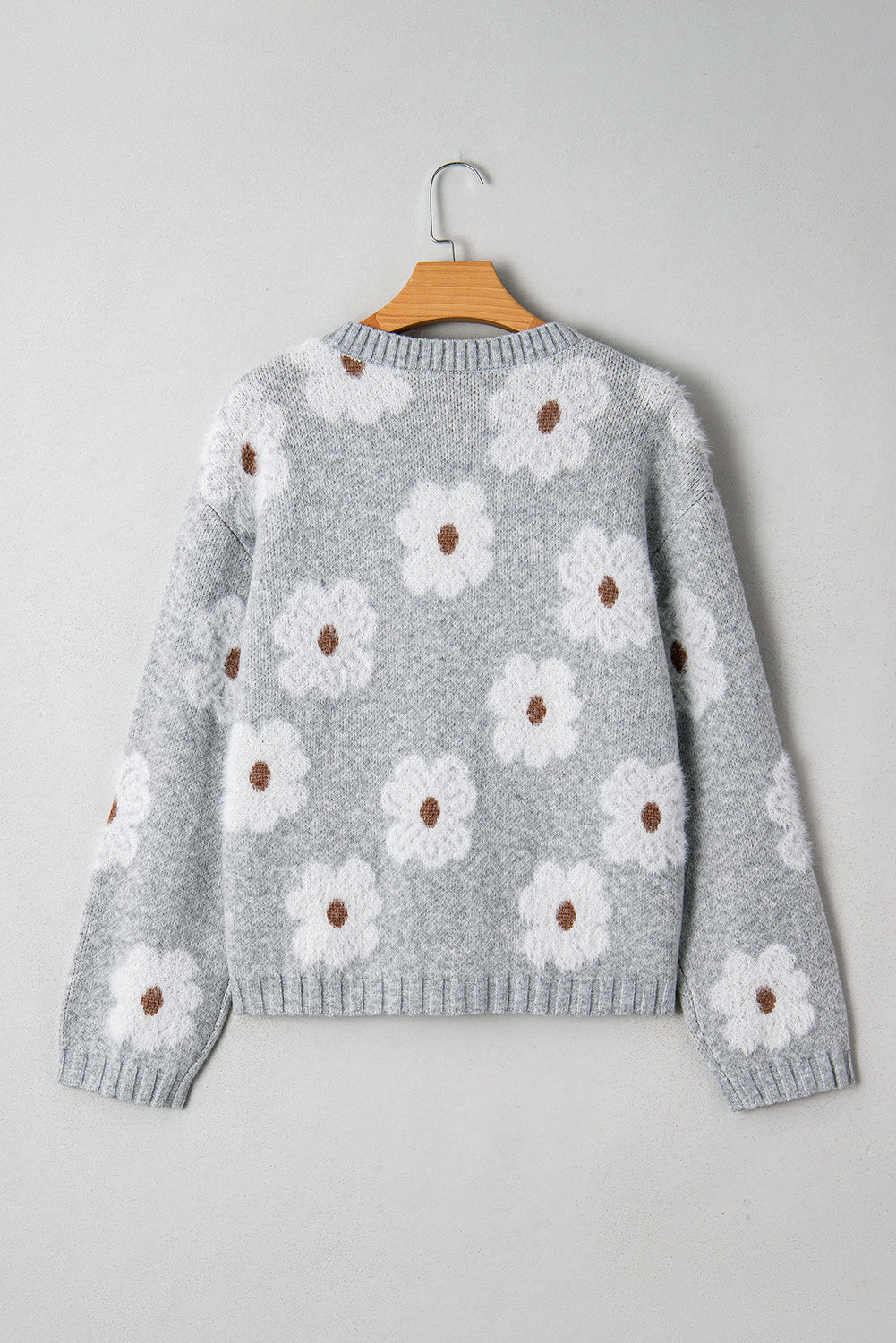 Gray Cute Flower Print V Neck Drop Shoulder Baggy Sweater-TOPS / DRESSES-[Adult]-[Female]-2022 Online Blue Zone Planet